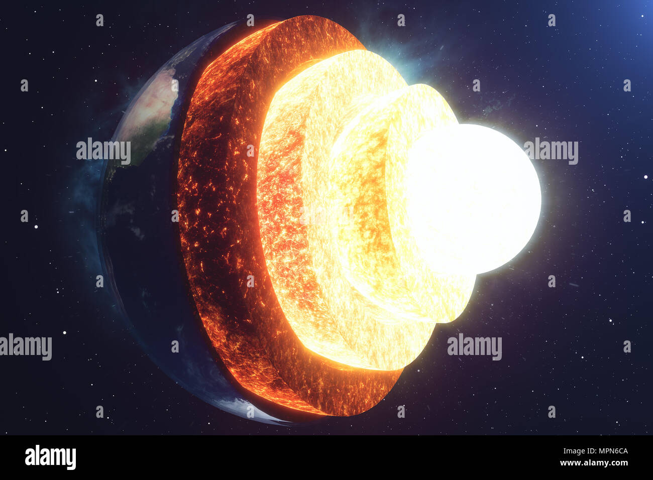 Struttura di massa di nucleo. Struttura di strati di terra. La struttura della crosta terrestre. Massa sezione trasversale nella vista dallo spazio. Gli elementi di questa immagine fur Foto Stock