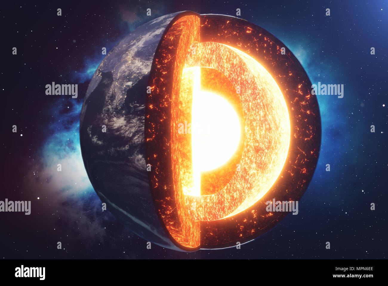 Struttura di massa di nucleo. Struttura di strati di terra. La struttura della crosta terrestre. Massa sezione trasversale nella vista dallo spazio. Gli elementi di questa immagine fur Foto Stock
