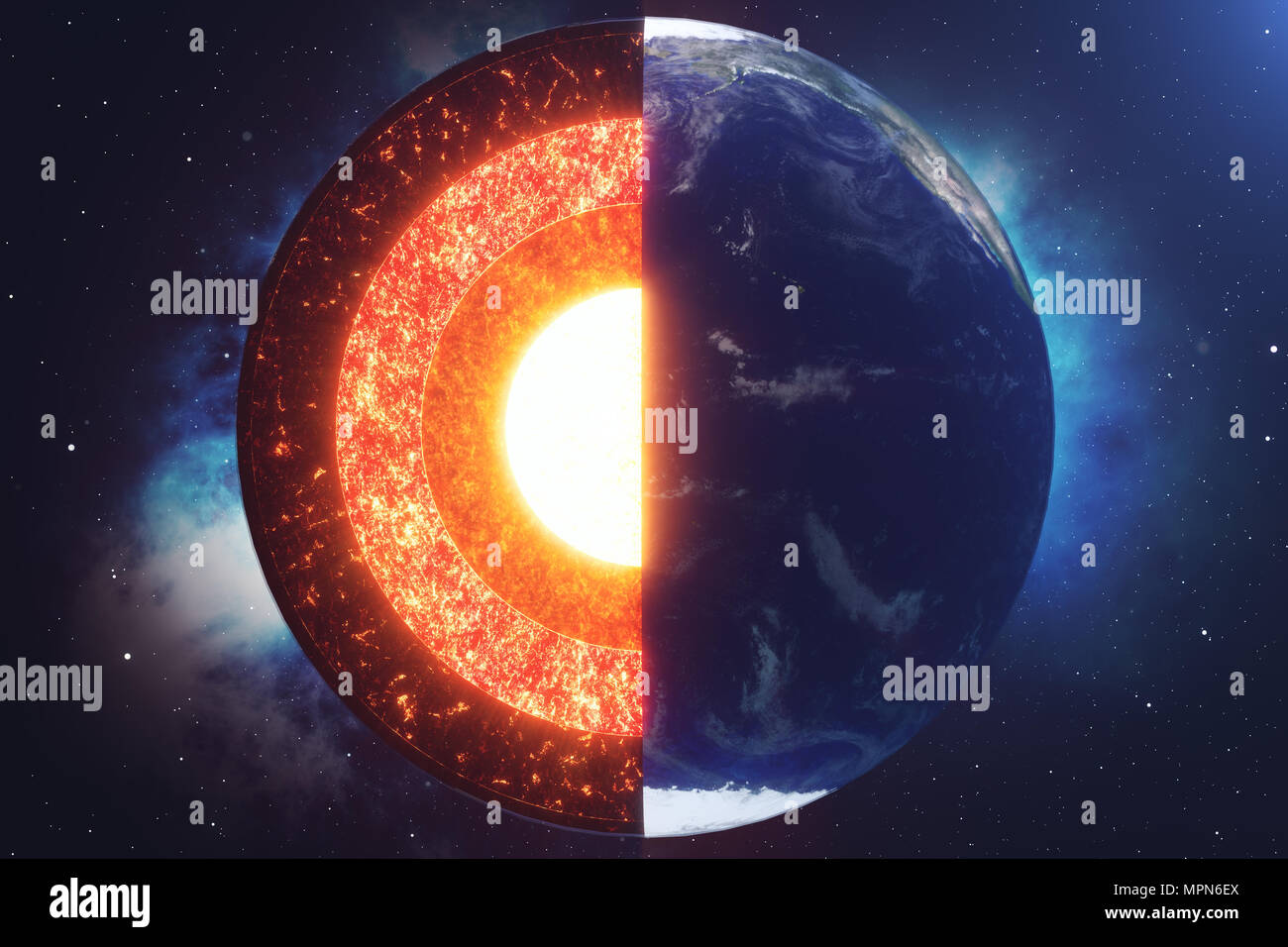 Struttura di massa di nucleo. Struttura di strati di terra. La struttura della crosta terrestre. Massa sezione trasversale nella vista dallo spazio. Gli elementi di questa immagine fur Foto Stock