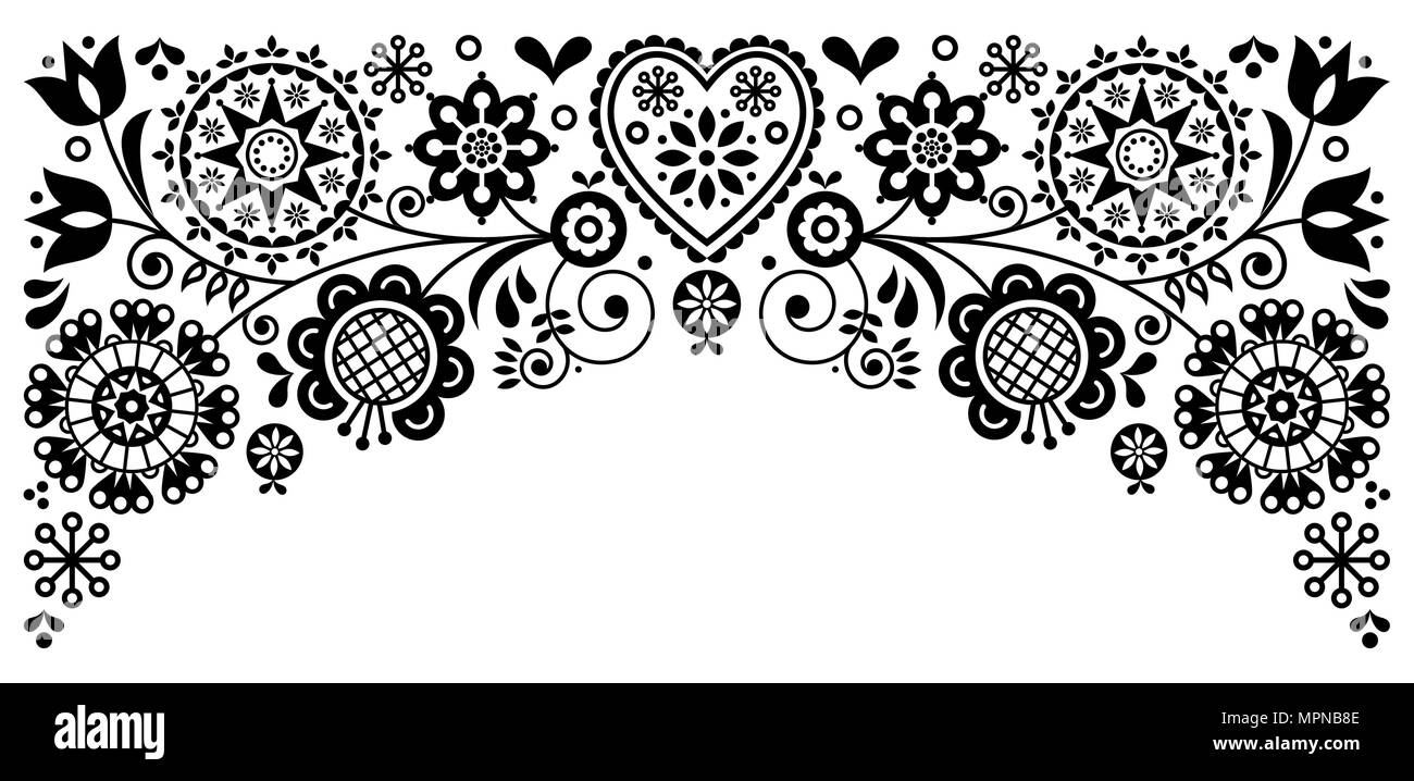 Arte Folcloristica a bordo del frame vettore retrò greeting card design, floreale in bianco e nero ornamento ispirato da arte scandinava Illustrazione Vettoriale