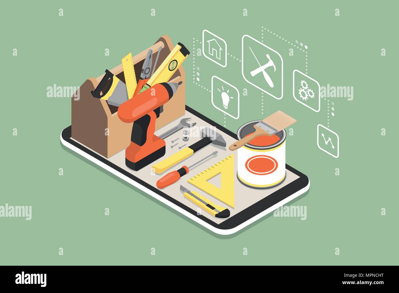 Fai da te e home ristrutturazione app: toolbox e strumenti su uno smartphone con icone Illustrazione Vettoriale