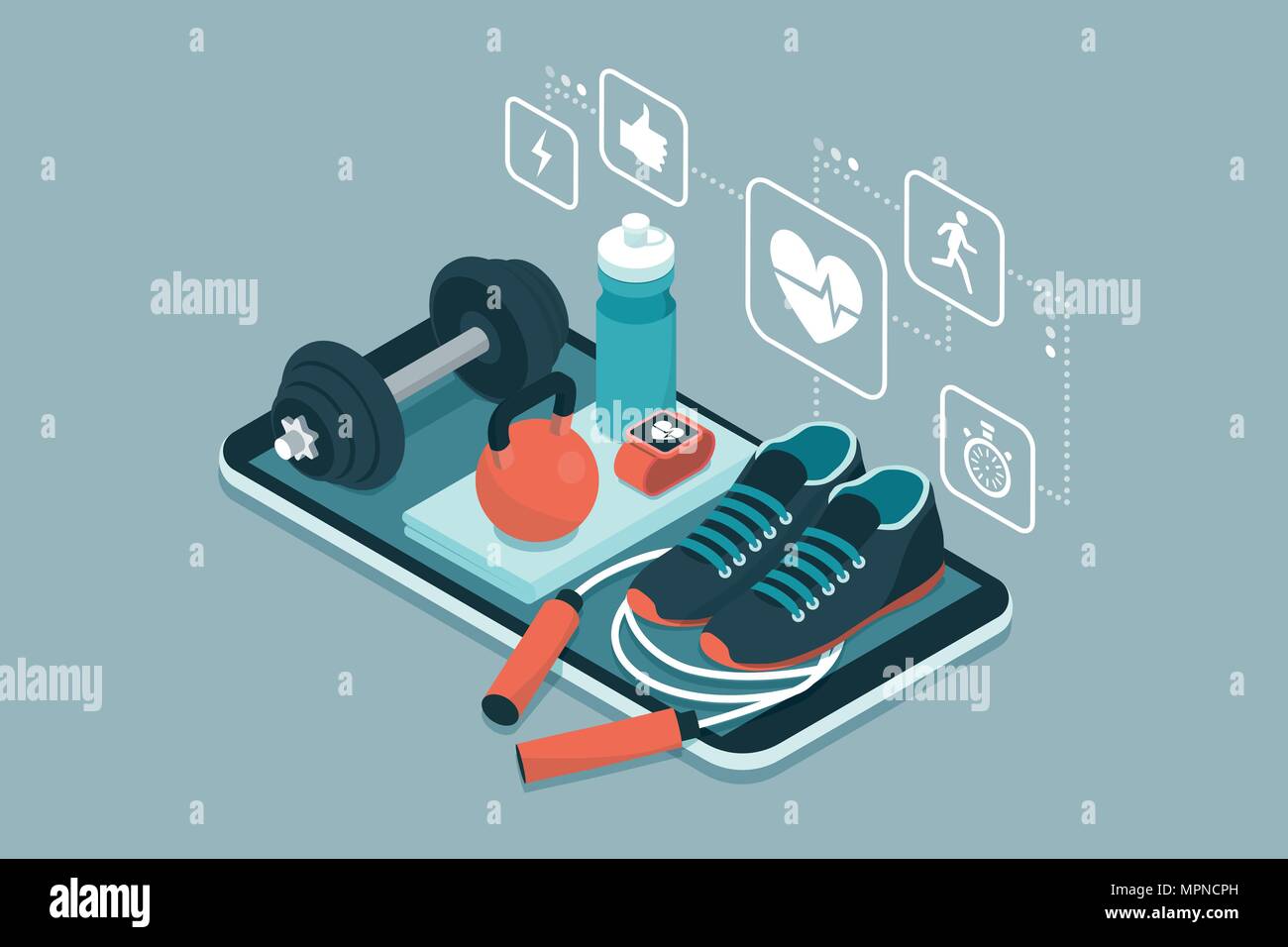 Fitness, formazione e allenamento app: attrezzature sportive e le icone su un touch screen smartphone Illustrazione Vettoriale