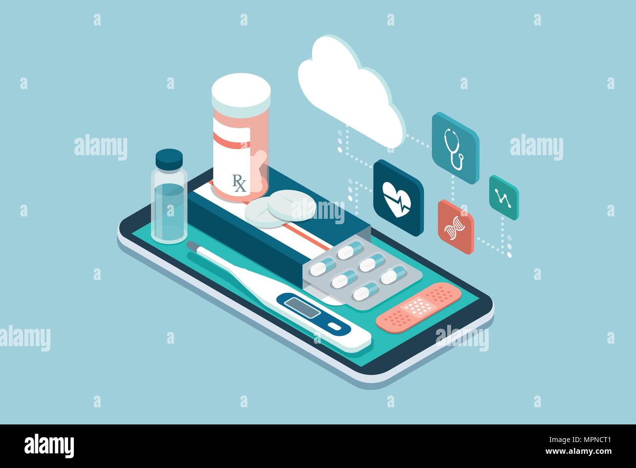 Medicina, sanità e terapia app: la prescrizione di farmaci, primo soccorso e diagnosi medica equipaggiamento su uno smartphone con icone Illustrazione Vettoriale