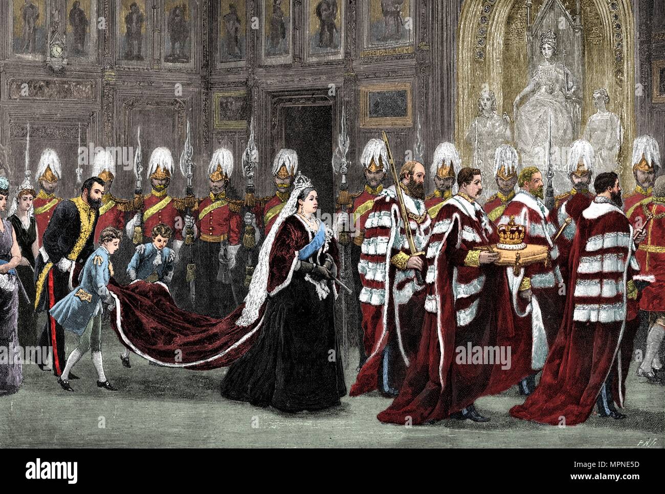 Il corteo reale nel Palazzo di Westminster sul modo per la House of Lords, 1886, (1900). Artista: sconosciuto. Foto Stock