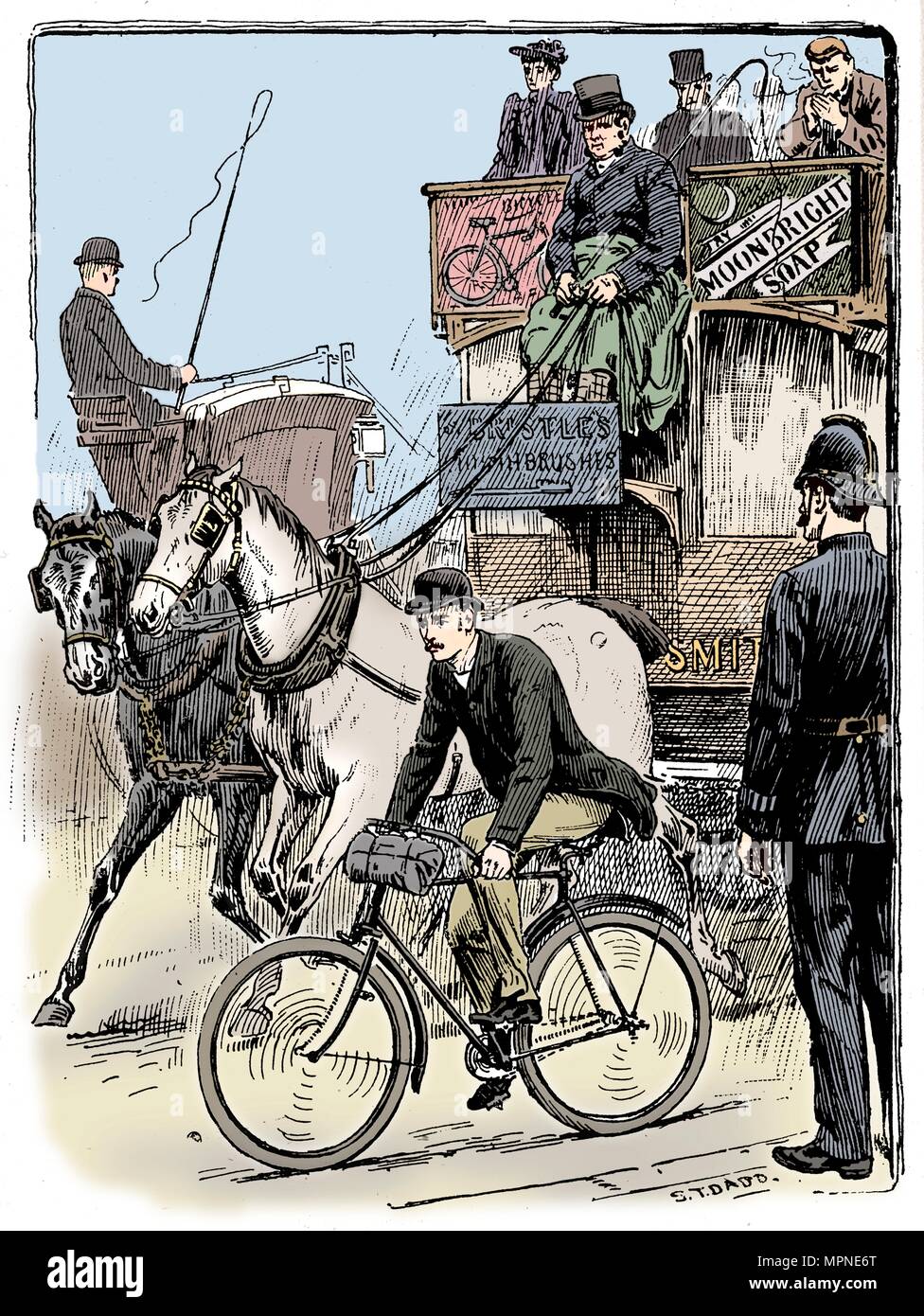 Ciclista nella trafficata e traffico di Londra in sella a una macchina di Rover tipo di sicurezza, 1895. Artista: Stephen Dadd T. Foto Stock