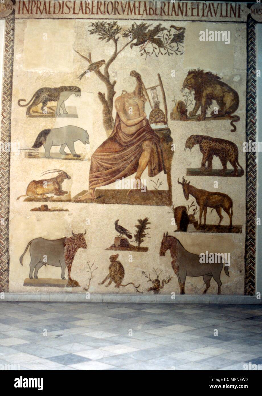 Mosaico di Orfeo addomesticare animali, 2a-3a secolo. Artista: sconosciuto. Foto Stock