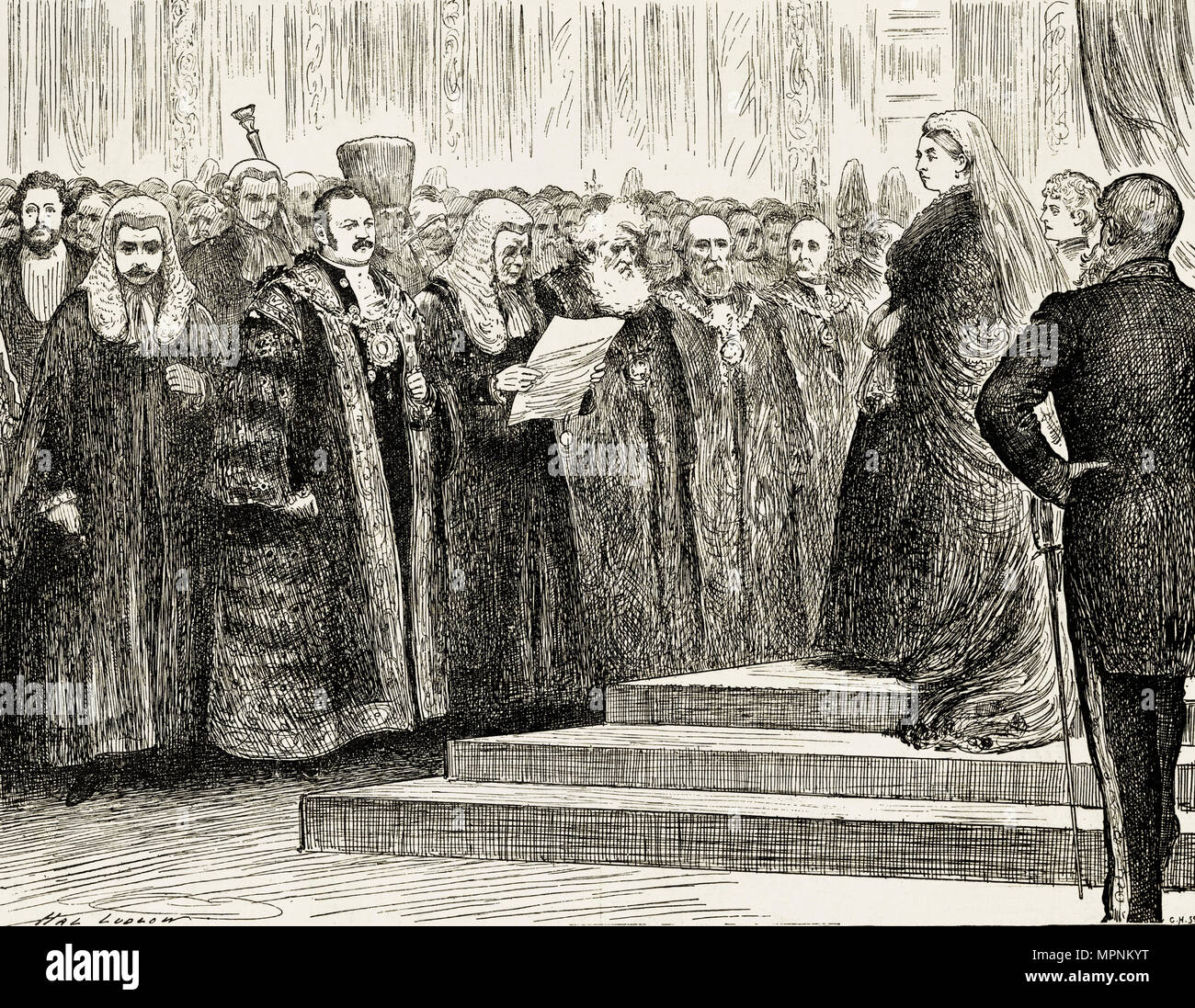 Presentazione del Giubileo Indirizzo al Queen Victoria dalla città Corporation of London illustrazione da Hal Ludlow. Xix secolo incisione vittoriano circa 1887 Foto Stock