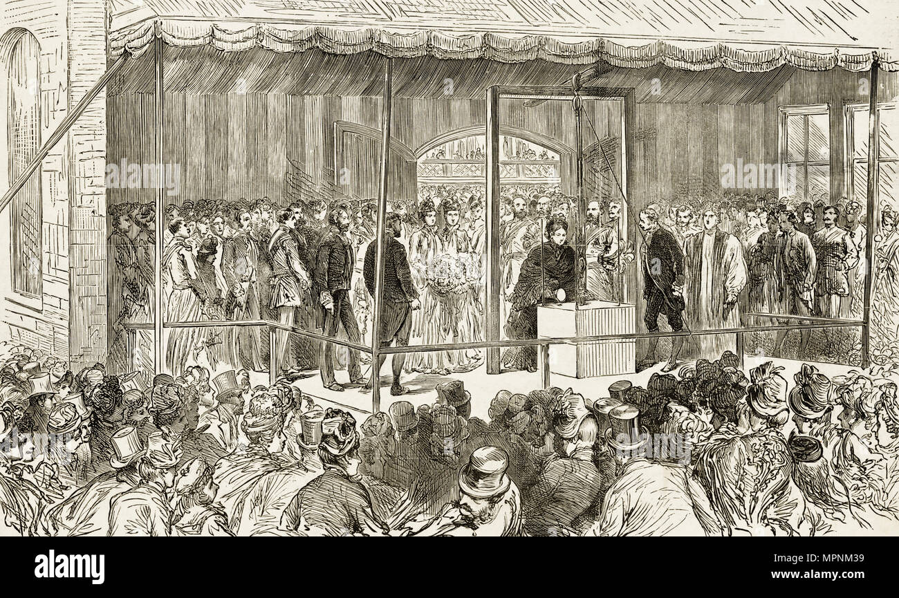 La regina Victoria la posa della prima pietra della scuola tecnica presso il Palazzo del Popolo Mile End Road Whitechapel Est Londra Inghilterra REGNO UNITO 14 maggio 1887. Xix secolo incisione vittoriano circa 1887 Foto Stock