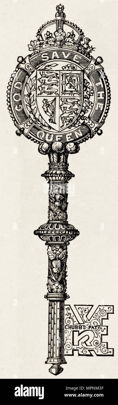 Chiave d'oro con cui la Regina Victoria ha aperto la Queen's Hall del Palazzo del Popolo Mile End Road Whitechapel Est Londra Inghilterra REGNO UNITO 14 maggio 1887. Xix secolo incisione vittoriano circa 1887 Foto Stock