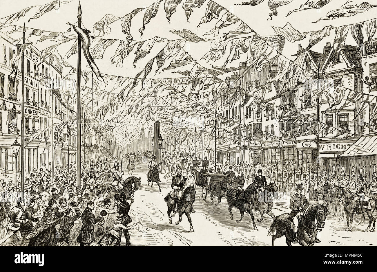 La regina Victoria royal processione lungo High Street Whitechapel Est Londra Inghilterra REGNO UNITO 14 maggio 1887 con bunting & folle allegria. Xix secolo incisione vittoriano circa 1887 Foto Stock