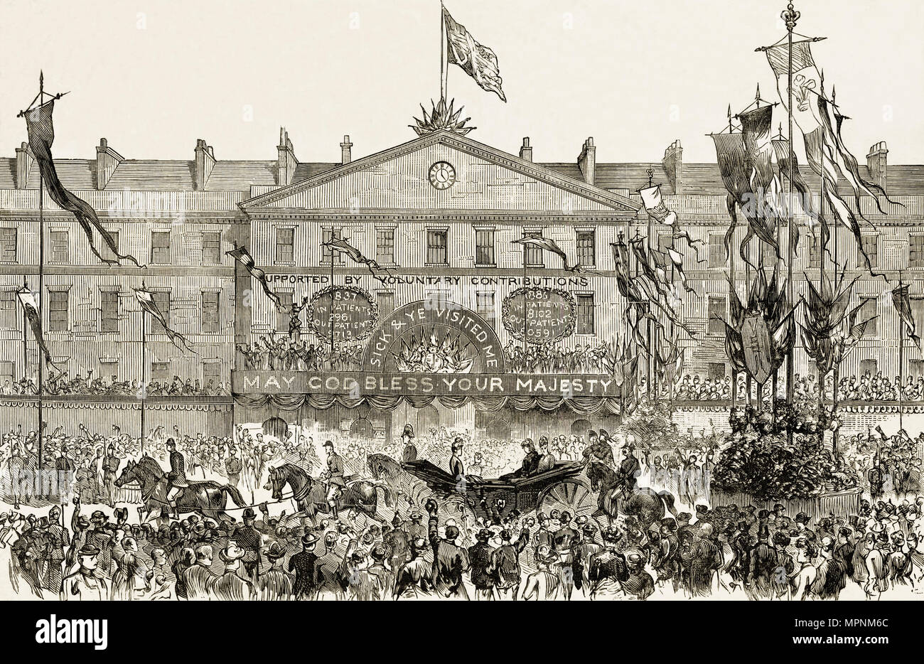 La regina Victoria corteo reale passando il London Hospital Whitechapel Est Londra Inghilterra REGNO UNITO 14 maggio 1887 con bunting & folle allegria. Xix secolo incisione vittoriano circa 1887 Foto Stock