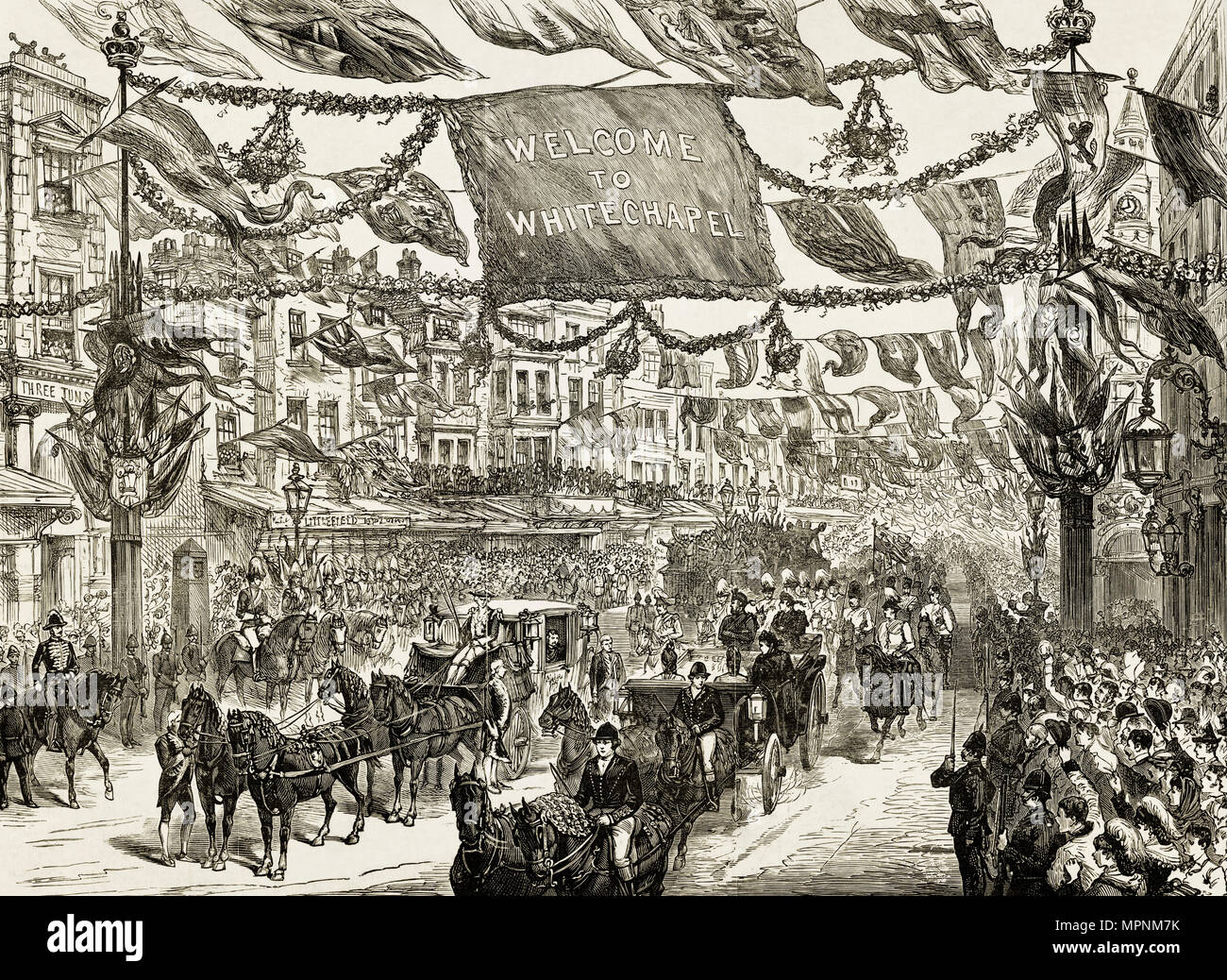 La regina Victoria corteo reale in High Street Aldgate passando il confine della città Whitechapel Est Londra Inghilterra REGNO UNITO 14 maggio 1887 con bunting & folle allegria. Xix secolo incisione vittoriano circa 1887 Foto Stock