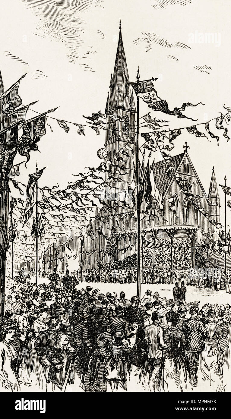 La folla di gente che aspetta la regina Victoria corteo reale per passare al di fuori della Chiesa Whitechapel Whitechapel Est Londra Inghilterra REGNO UNITO 14 maggio 1887. Xix secolo incisione vittoriano circa 1887 Foto Stock
