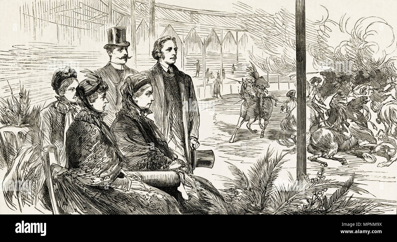 La regina Victoria guardando un Wild West Show al Great American Exhibition Londra England Regno Unito. Xix secolo incisione vittoriano circa 1887 Foto Stock