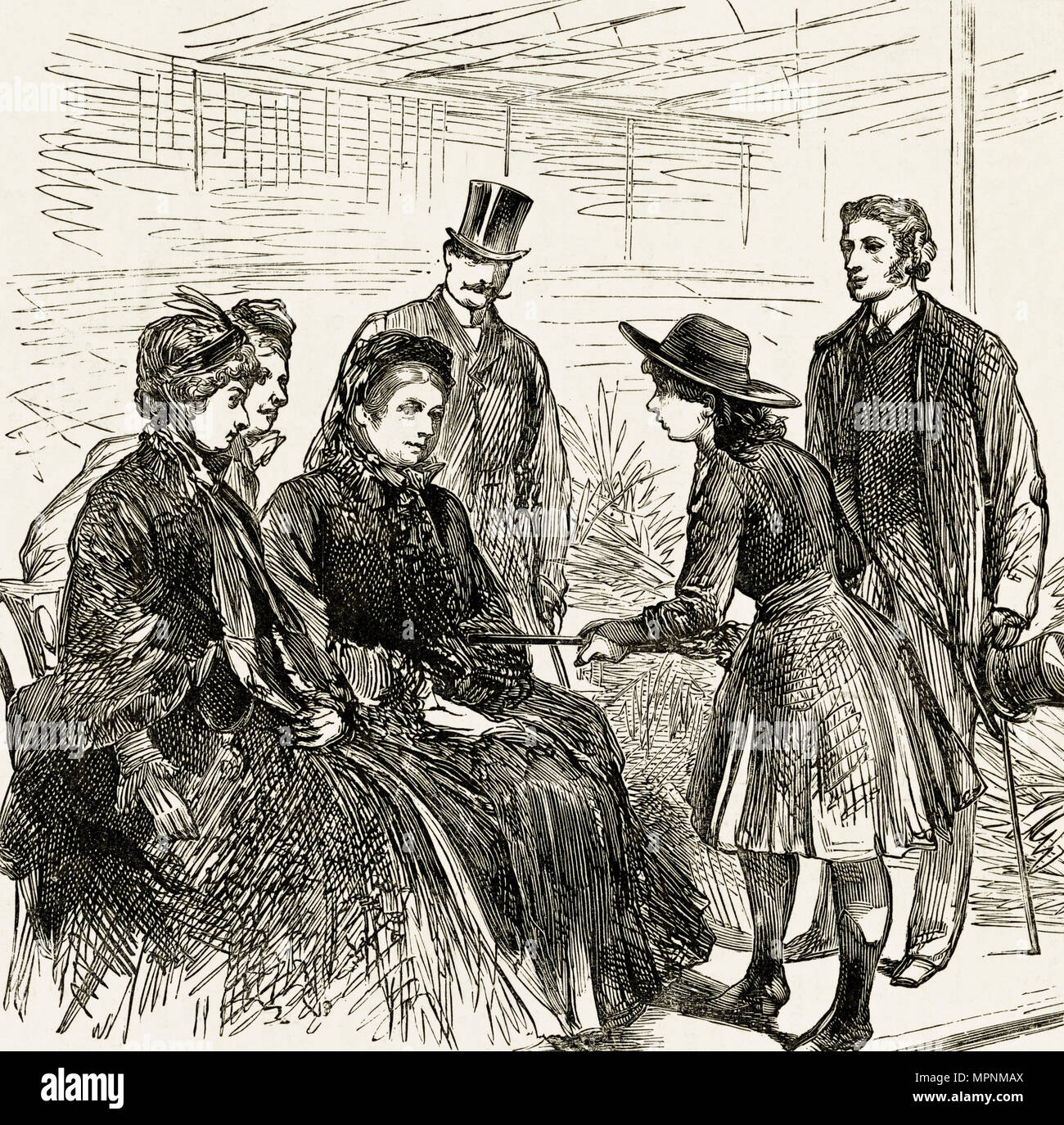 La regina Victoria essendo mostrato un fucile da Miss Smith al Wild West Show al Great American Exhibition Londra England Regno Unito. Xix secolo incisione vittoriano circa 1887 Foto Stock