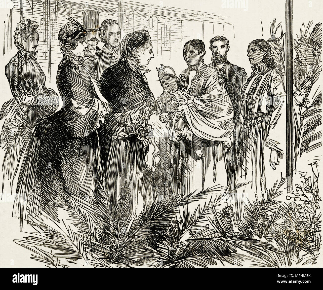La regina Victoria con Squaws indiano al Wild West Show durante la Grande Fiera Americana Londra England Regno Unito. Xix secolo incisione vittoriano circa 1887 Foto Stock