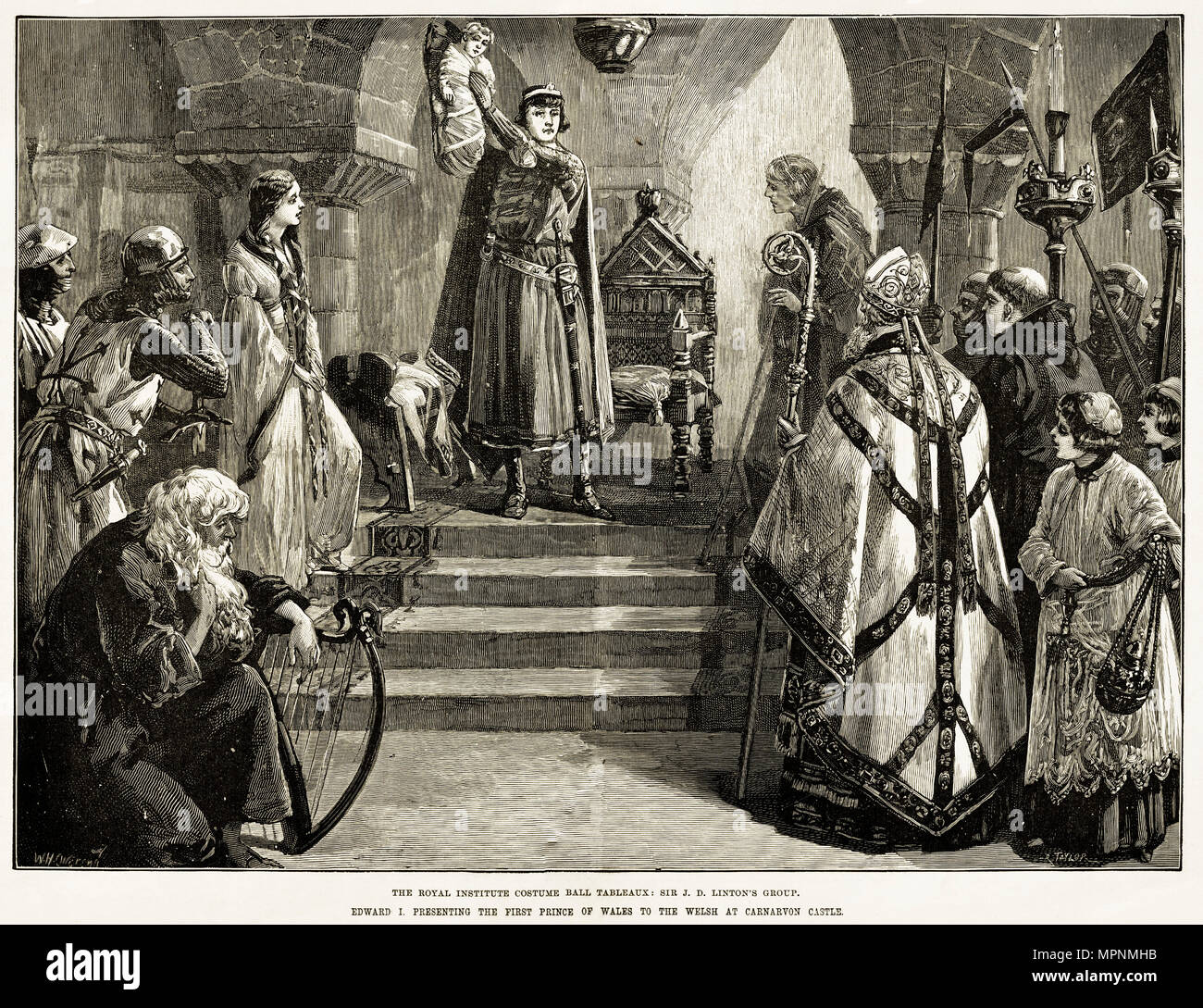Il Reale Istituto Costume Tableaux a sfera, Sir J.D. Linton il gruppo raffigurante Edward Ho presentando il primo Principe di Galles per il Welsh a Caernarfon Castle, Londra England Regno Unito. Xix secolo incisione vittoriano circa 1887 Foto Stock
