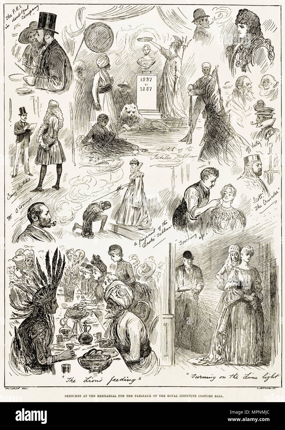 Schizzi di Hal Ludlow alla prova per il tableaux del Regio Istituto sfera costume Londra England Regno Unito. Xix secolo incisione vittoriano circa 1887 Foto Stock