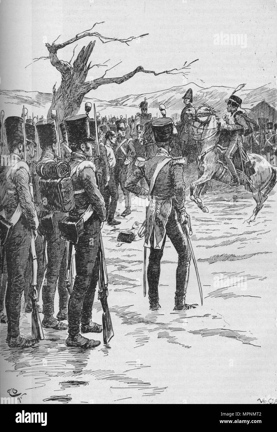 Un ussaro tratteggiata in con la notizia che il nemico era su di noi!, 1895, (1902). Artista: GB. Foto Stock