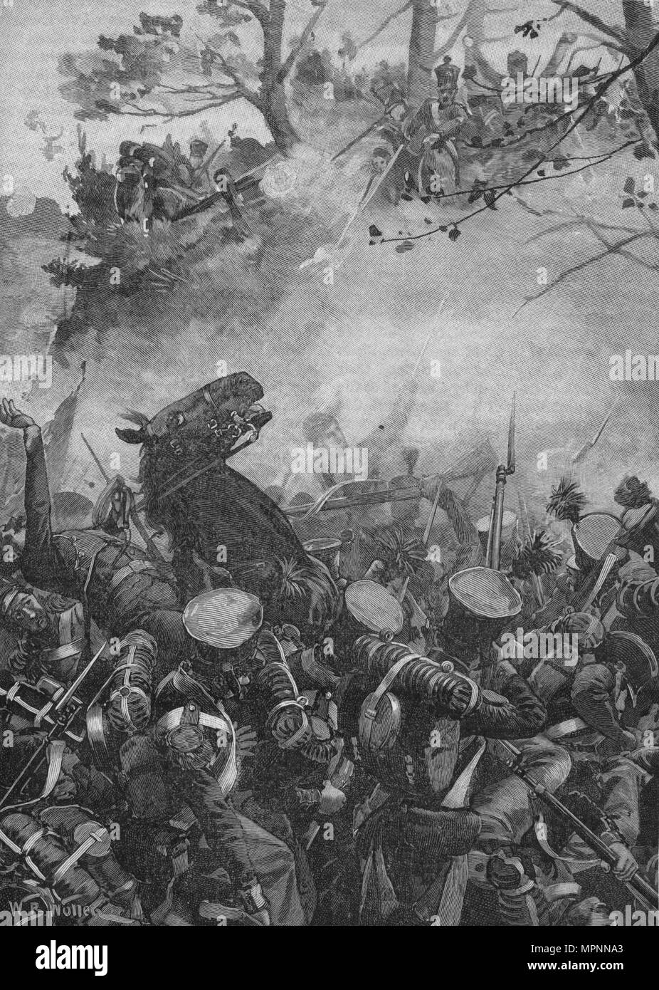 "I francesi si precipitò avanti con trionfante urla e sparando giù nella cava su strada", 1902. Artista: William Barnes Wollen. Foto Stock