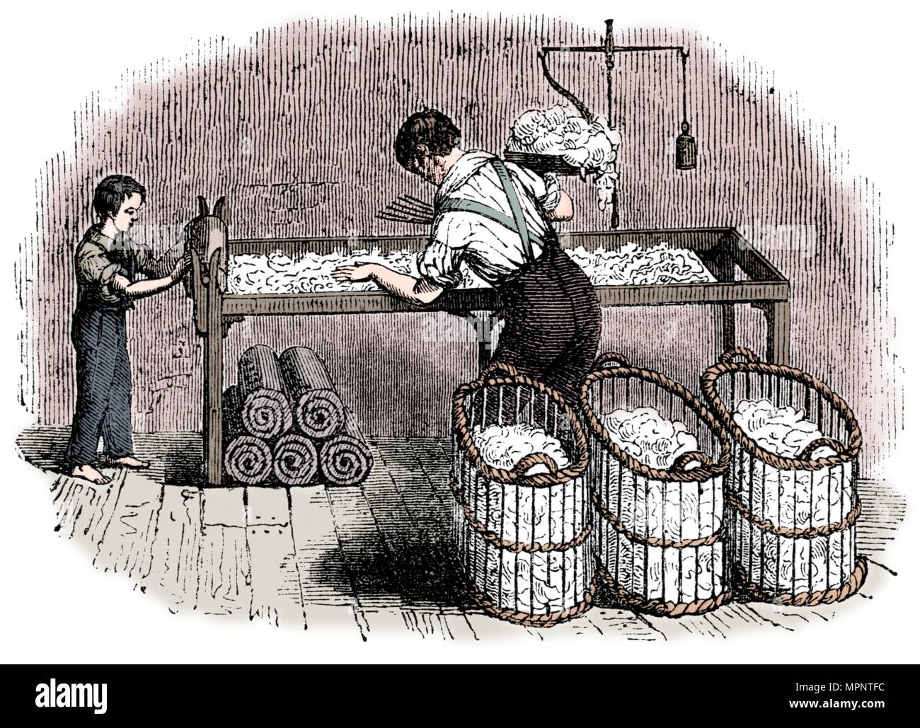 La lavorazione del cotone, c1845. Artista: sconosciuto. Foto Stock