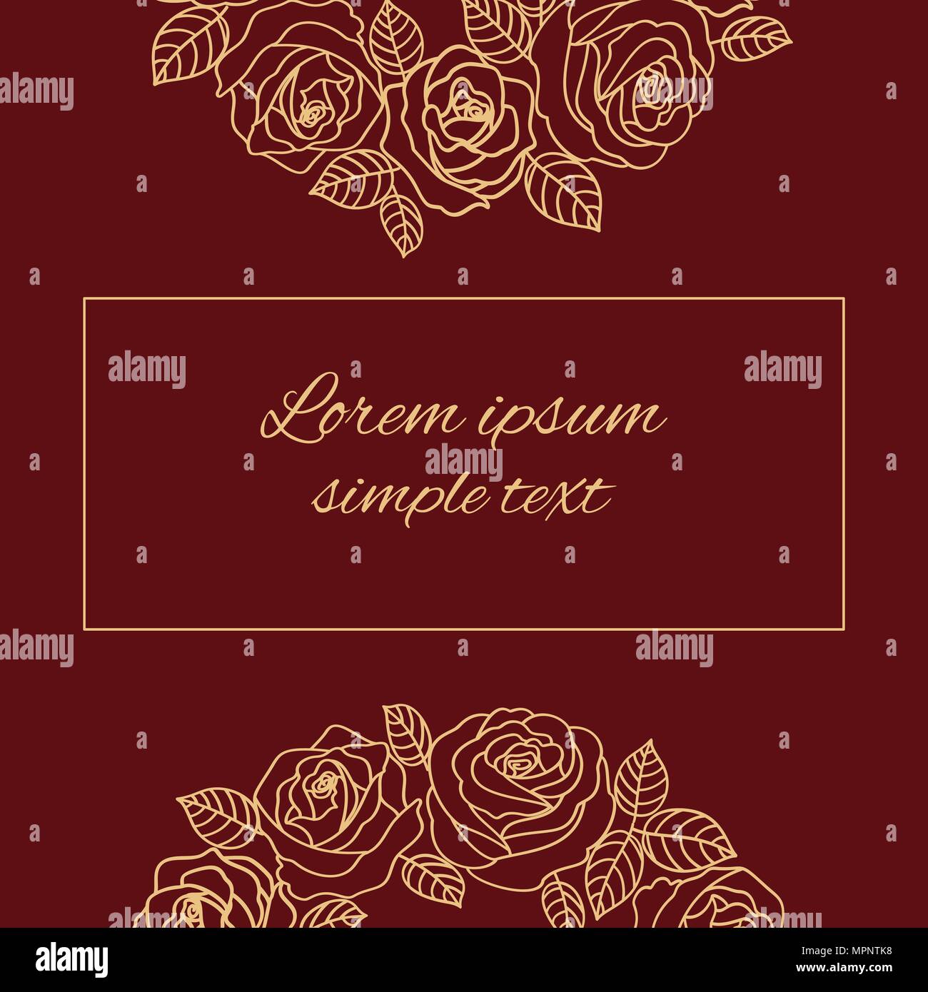 Vector borgogna invito a nozze con contorno beige corona di rose, copia dello spazio. Design floreale per biglietto di auguri Illustrazione Vettoriale