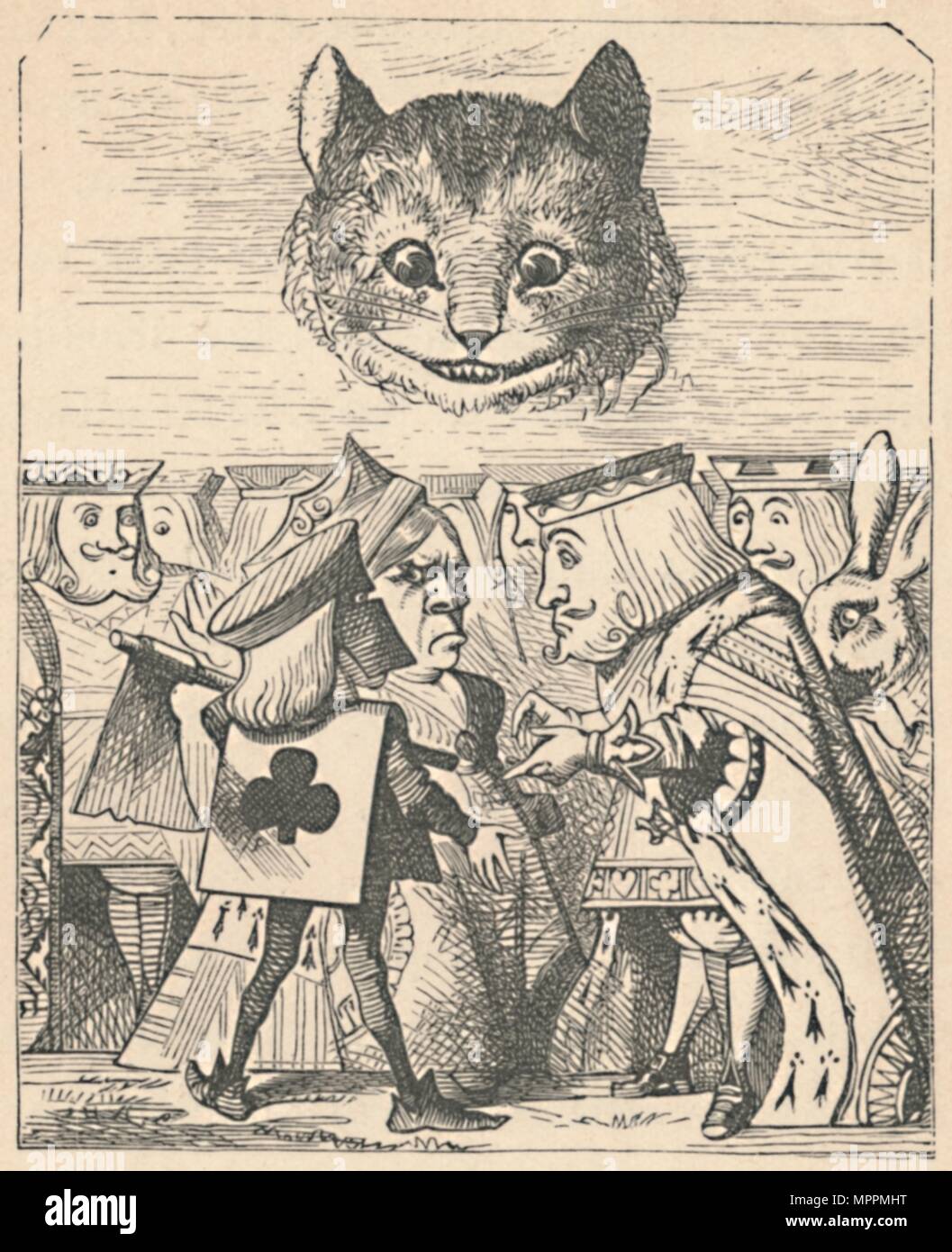 'Il Cheshire cat guardando giù al Red King e Queen avente un argomento', 1889. Artista: John Tenniel. Foto Stock