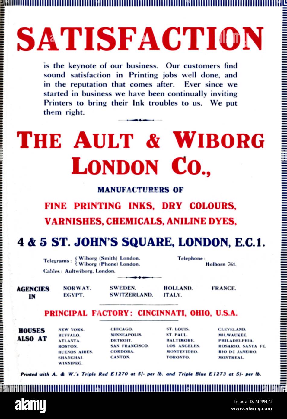 'L'Ault Wiborg & Co. di Londra Spot - Soddisfazione', 1919. Artista: Ault & Wiborg. Foto Stock