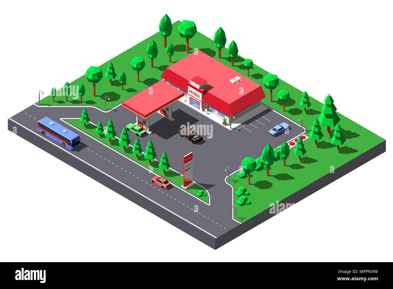 Vettore illustrazione isometrica.Gas station e mini-market vicino autostrada road Illustrazione Vettoriale