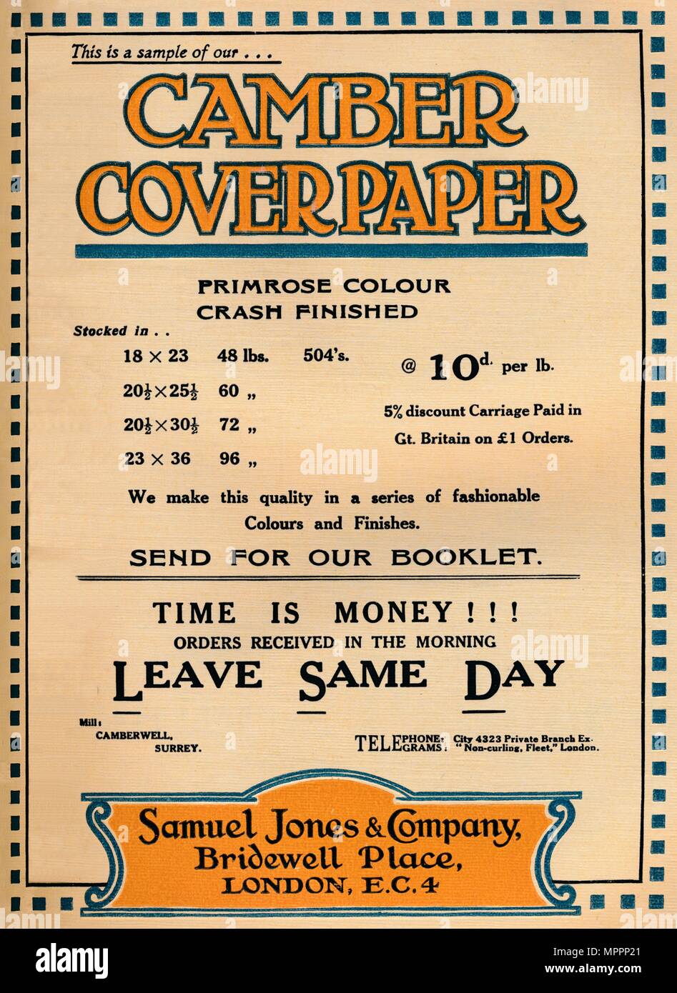 "Camber Coverpaper - Samuel Jones & Company annuncio", 1919. Artista: sconosciuto. Foto Stock