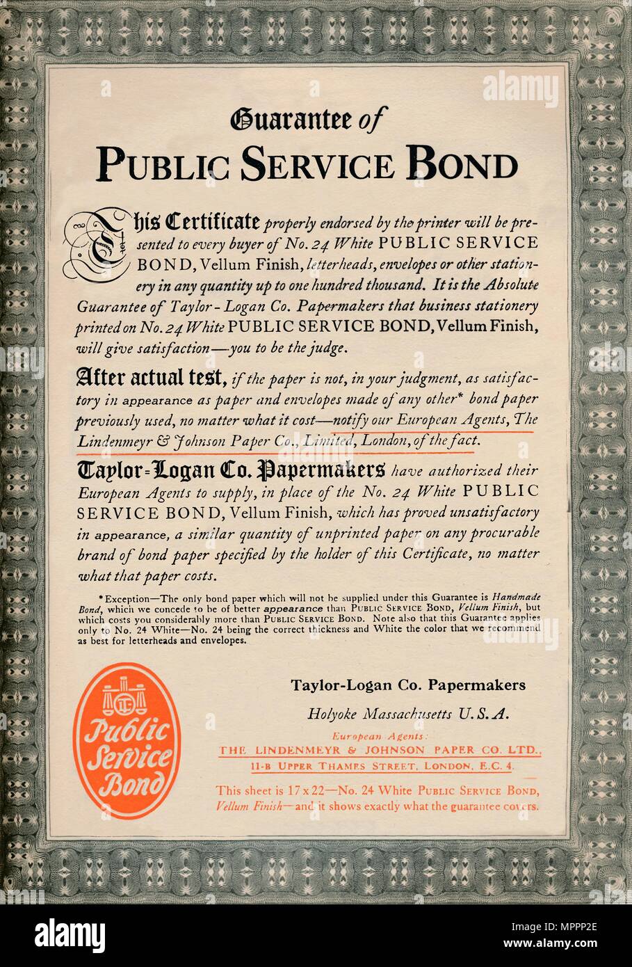 "Garanzia del servizio pubblico di Bond - Taylor-Logan Co. Papermakers inserzione', 1919. Artista: sconosciuto. Foto Stock