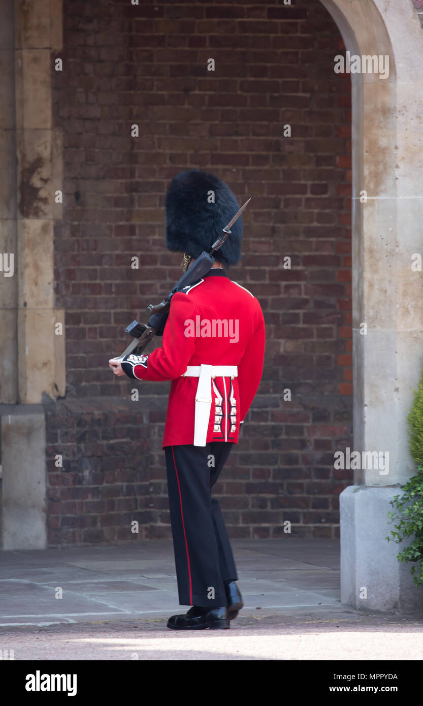 La Regina della Guardia e Queen's Life Guard sono i nomi attribuiti ai contingenti di soldati incaricati di sorvegliare la gazzetta residenze reali di Londra. Foto Stock