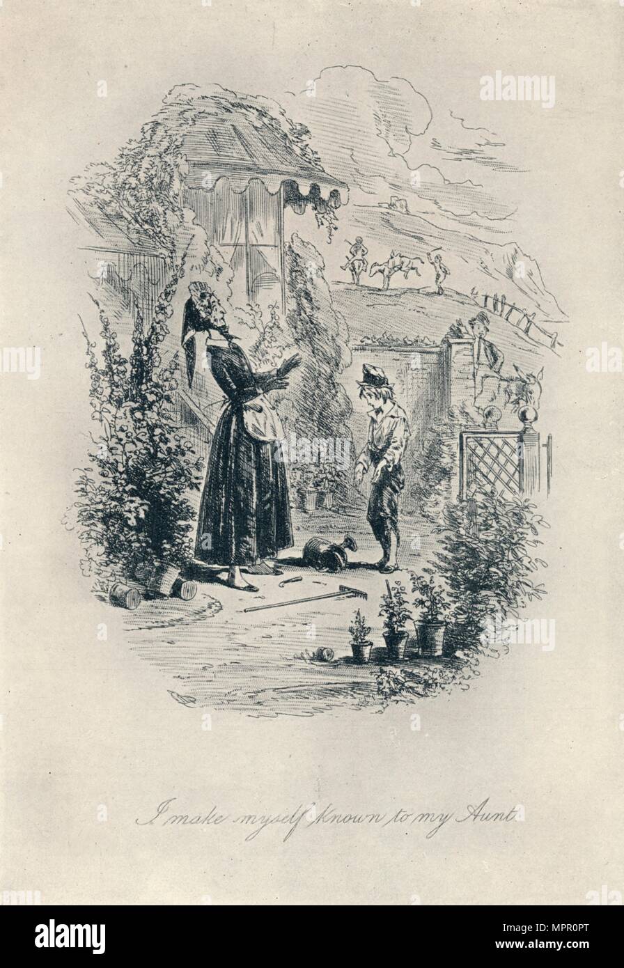 "Mi rendo noto di mia zia. Incisione da 'David Copperfield'', c1840-1880, (1923). Artista: Hablot Knight Browne. Foto Stock
