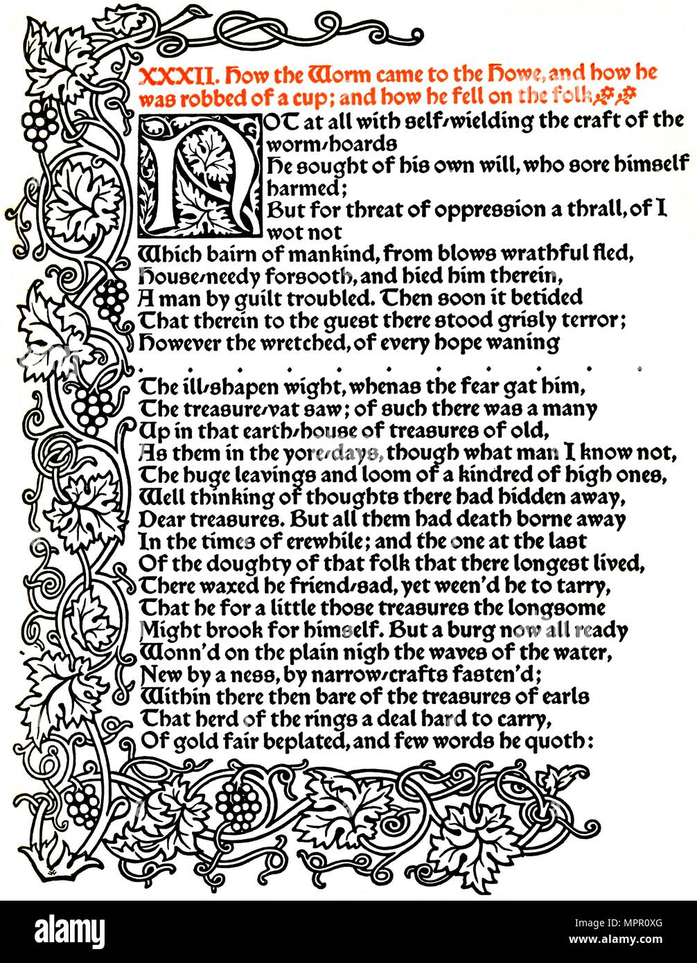 "Kelmscott Press: Pagina dal racconto di Beowulf stampato in Troy tipo", c.1895, (1914). Artista: William Morris. Foto Stock