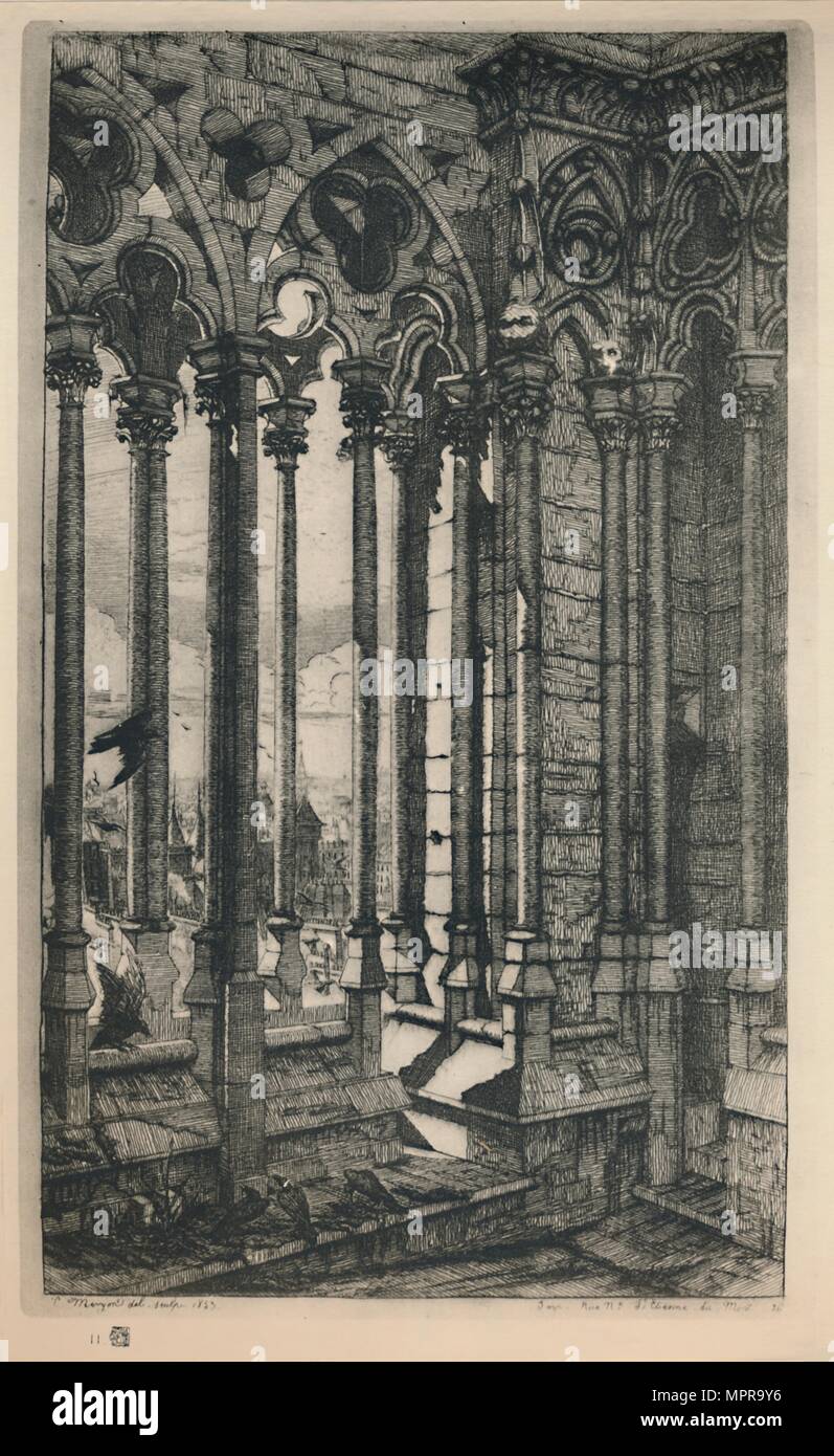 " La Galerie Notre-Dame (terzo membro, 11 1/8 x 6 15/16 poll.)", 1853, (1927). Artista: Charles Meryon. Foto Stock