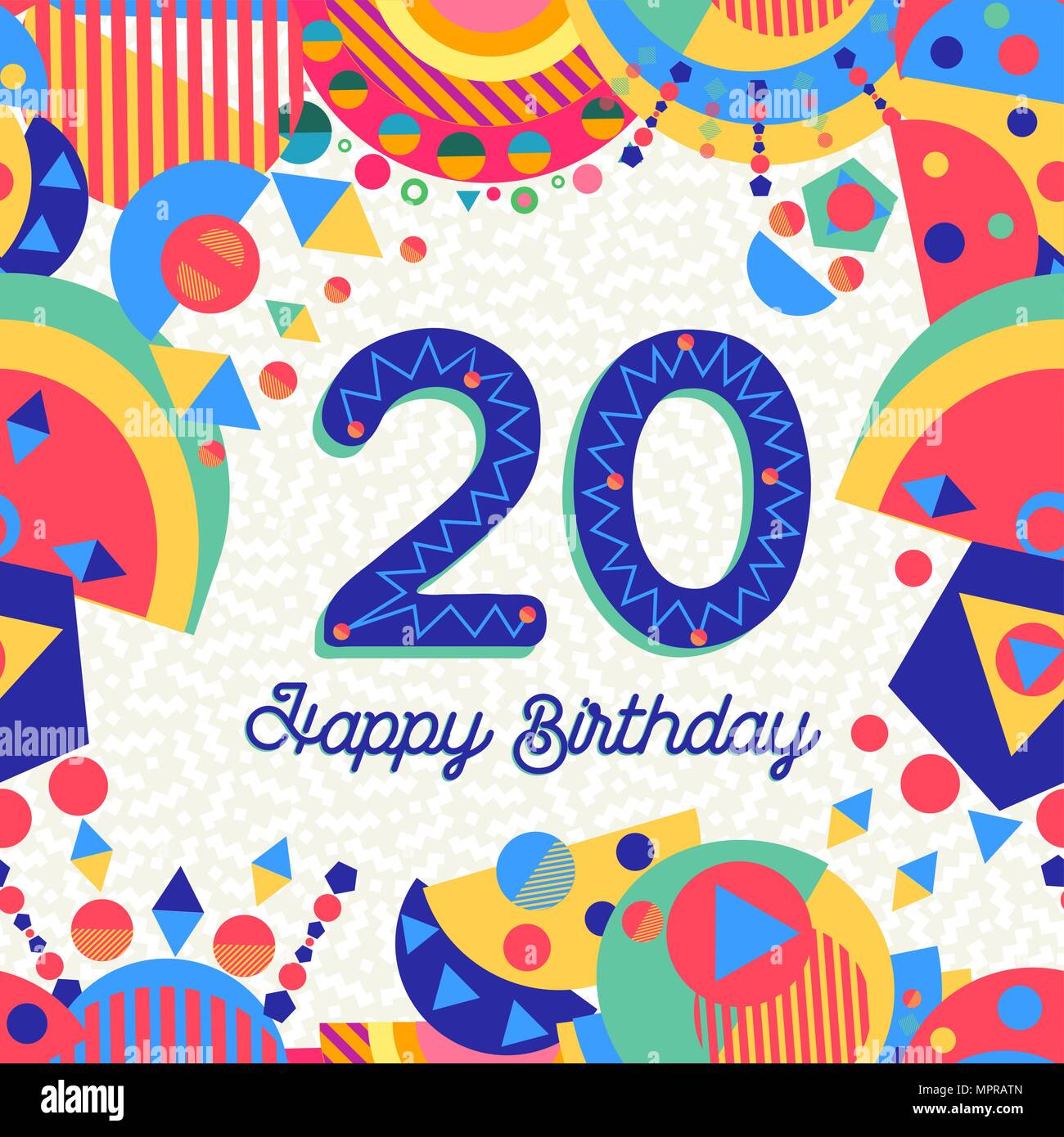 Buon compleanno venti 20 anno design divertente con il numero di etichetta di testo e decorazione colorata. Ideale per l'invito alla festa o biglietto di auguri. EPS10 vettore. Illustrazione Vettoriale