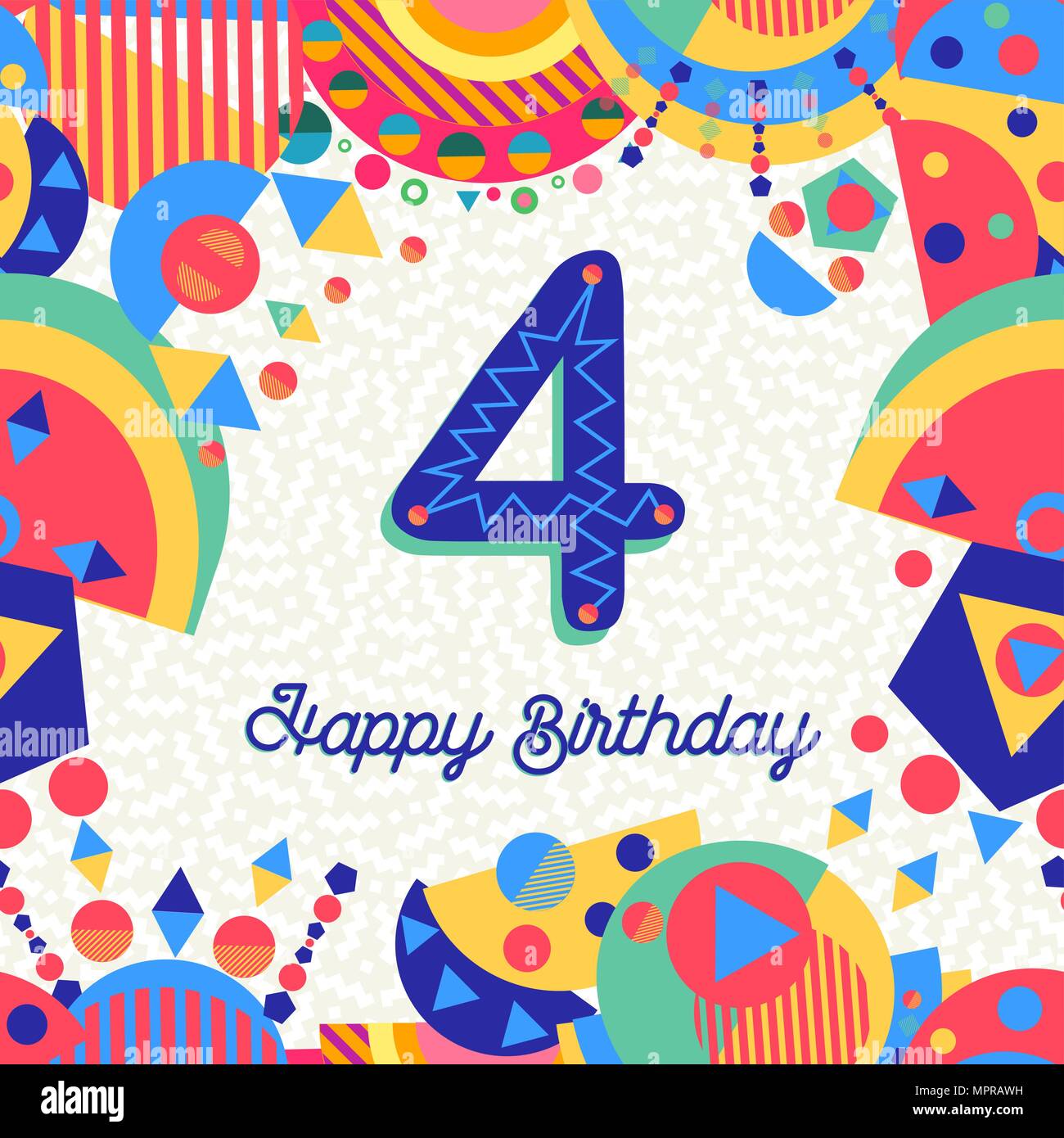 Buon compleanno quattro 4 anno design divertente con il numero di etichetta  di testo e decorazione colorata. Ideale per l'invito alla festa o biglietto  di auguri. EPS10 vettore Immagine e Vettoriale -