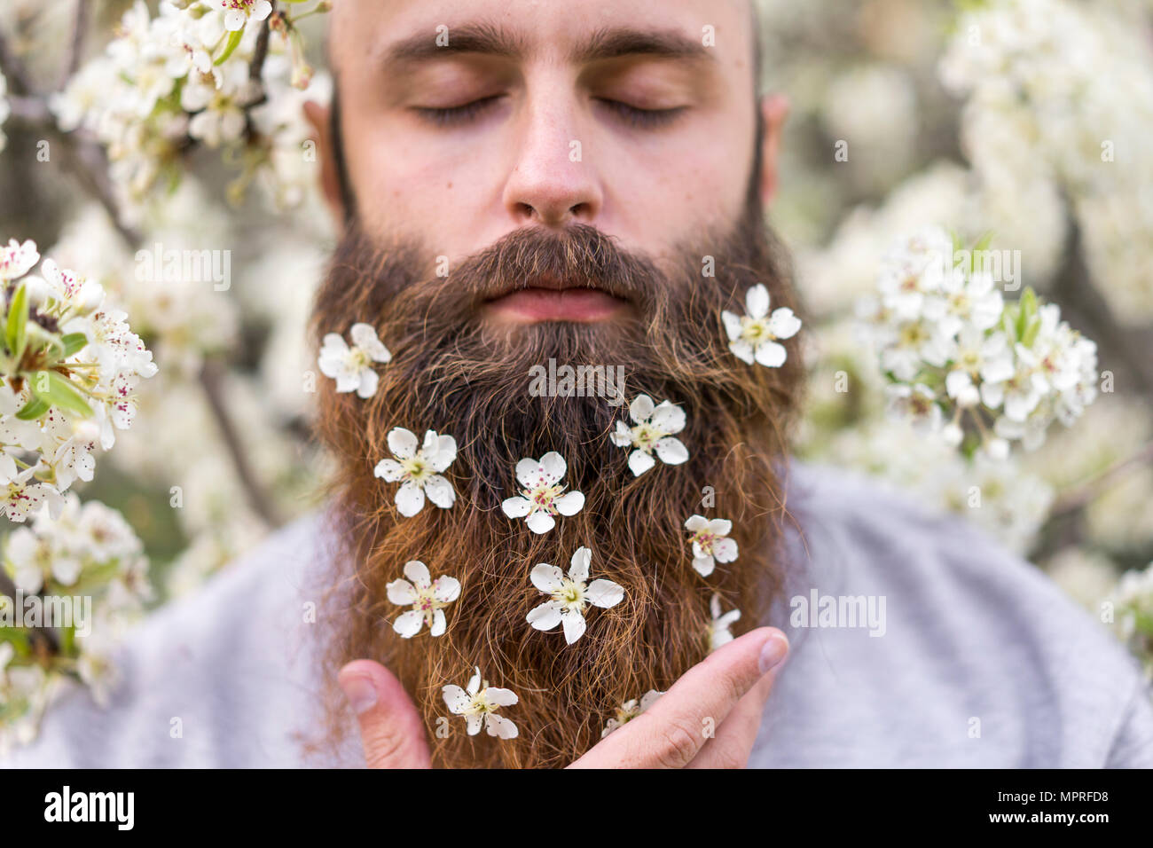 Ritratto di hipster con albero bianco fiori nella sua barba Foto Stock