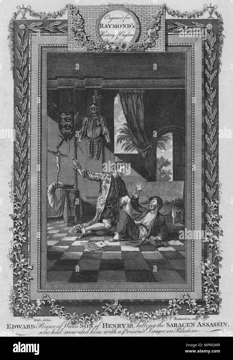 'Edward, Principe di Galles, figlio di Enrico III, uccidendo i Saraceni Assassin', C1787. Artista: sconosciuto. Foto Stock