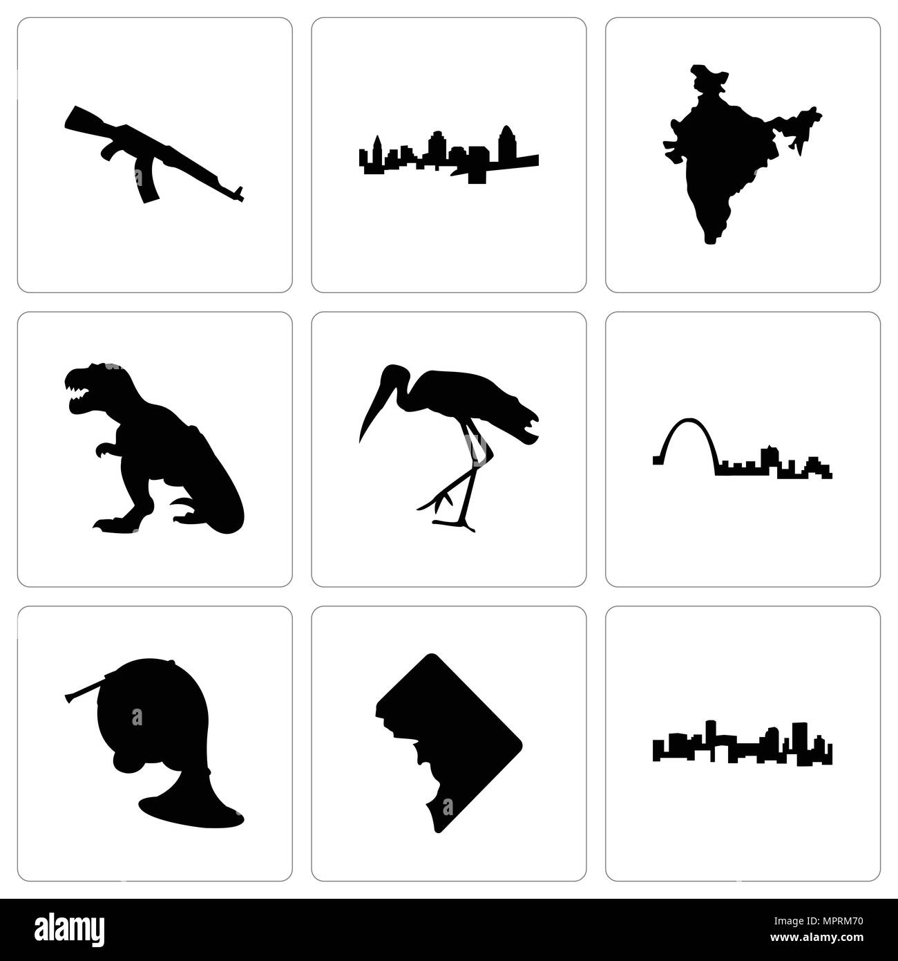 Set di 9 semplici icone modificabile come denver, dc, corno francese, st louis, Stork, t rex, india mappa, Cincinnati, ak47, può essere usato per il mobile, web Illustrazione Vettoriale