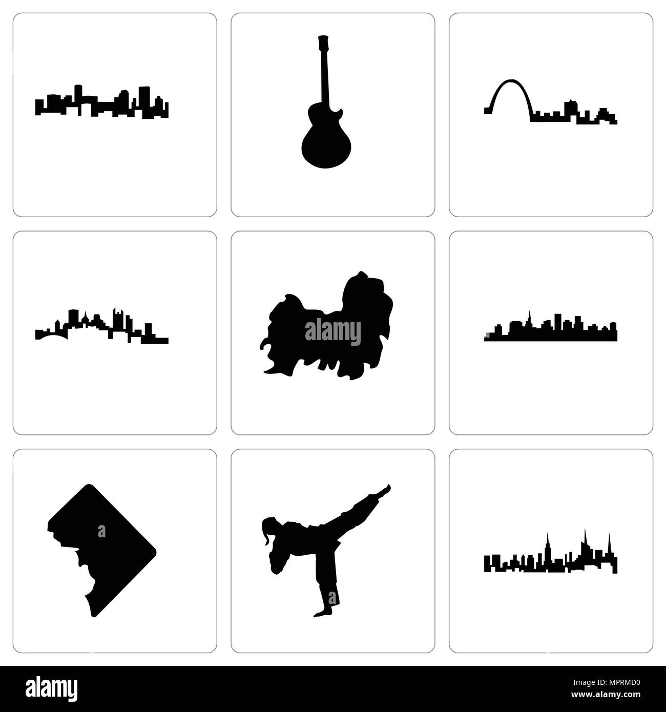 Set di 9 semplici icone modificabile come nyc, karate kick, dc, san Paolo, shih tzu, Pittsburgh, louis, immagine les denver, può essere usato per il mobile, web Illustrazione Vettoriale