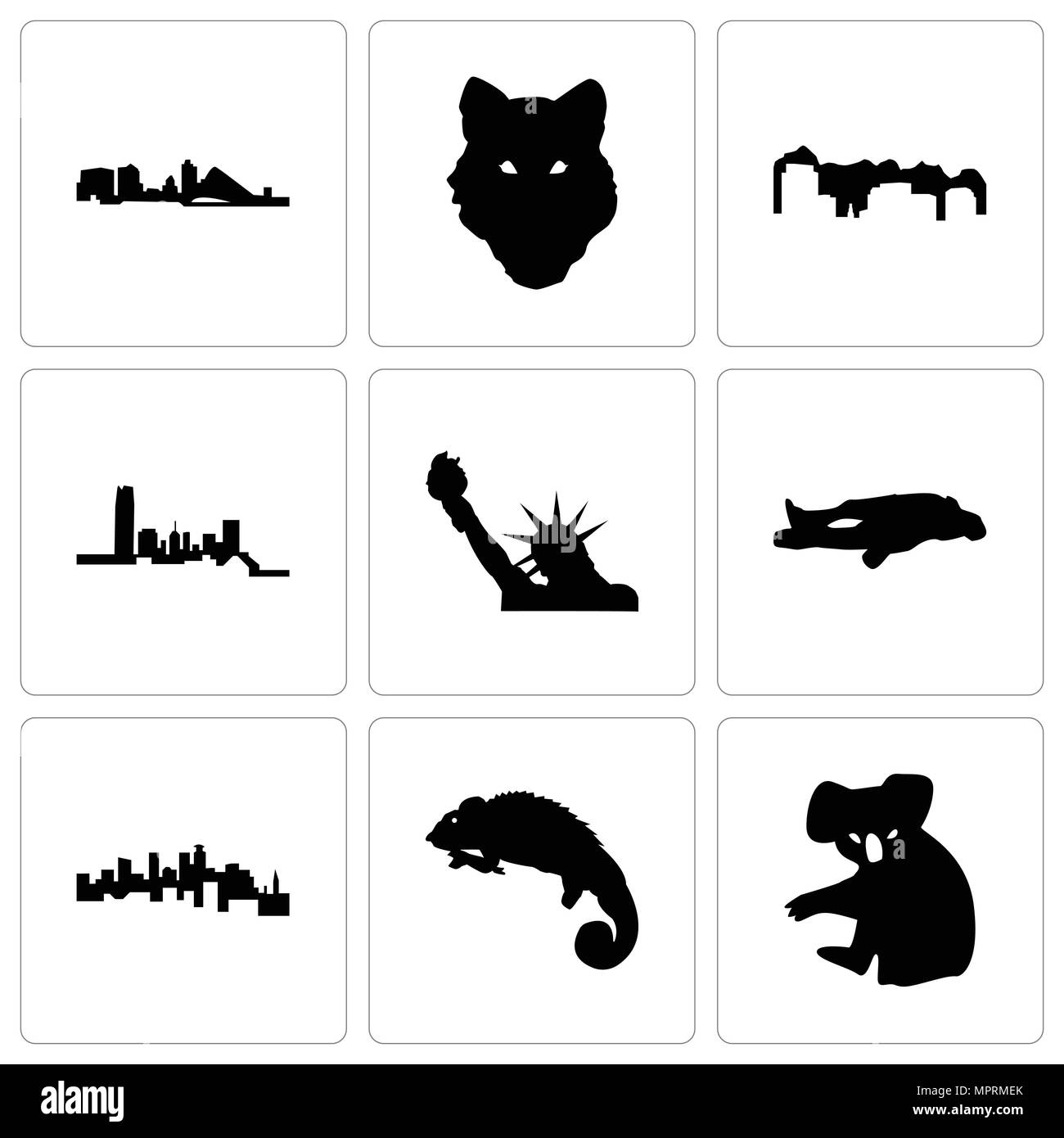 Set di 9 semplici icone modificabili quali koala, chameleon, minnesota, gesso, statua della libertà, Oklahoma, Utah, faccia Wolf, Wisconsin, può essere utilizzato per i mo Illustrazione Vettoriale