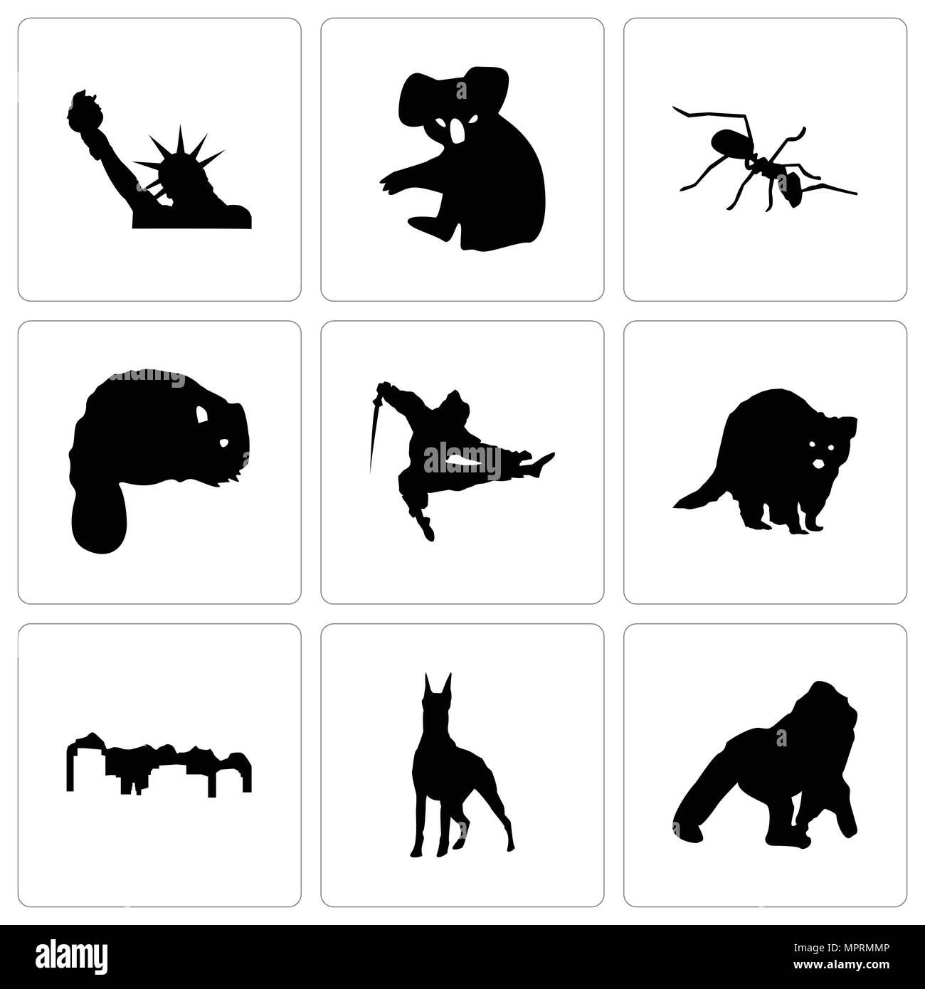 Set di 9 semplici icone modificabile come gorilla doberman, Utah, raccoon, ninja, castoro, ant, koala, la statua della libertà, può essere usato per il mobile, web Illustrazione Vettoriale