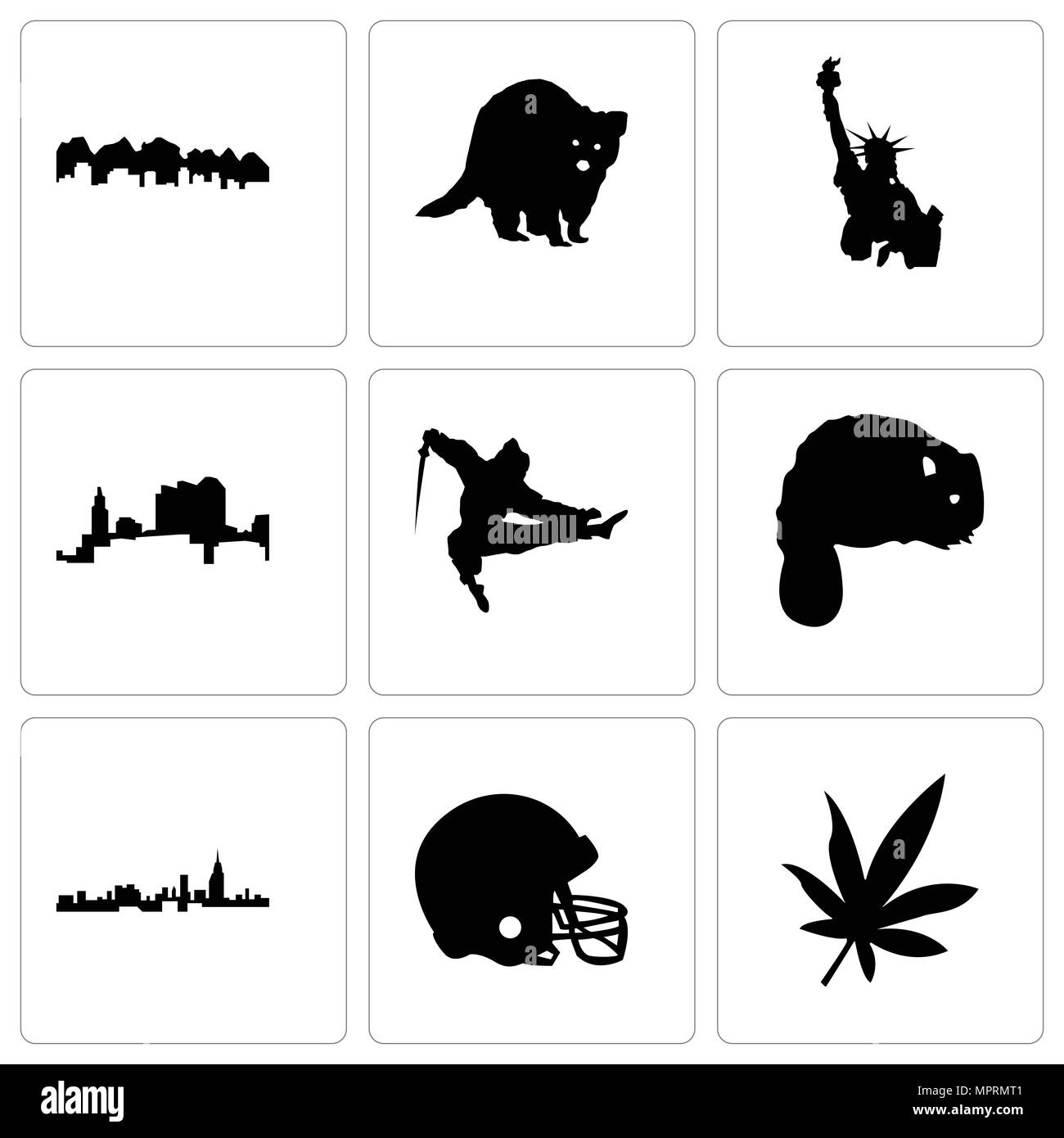 Set di 9 semplici icone modificabile come foglia di marijuana, casco da football americano, Alabama, castoro, ninja, Ohio, statua della libertà, raccoon, Utah, possono essere utilizzati fo Illustrazione Vettoriale