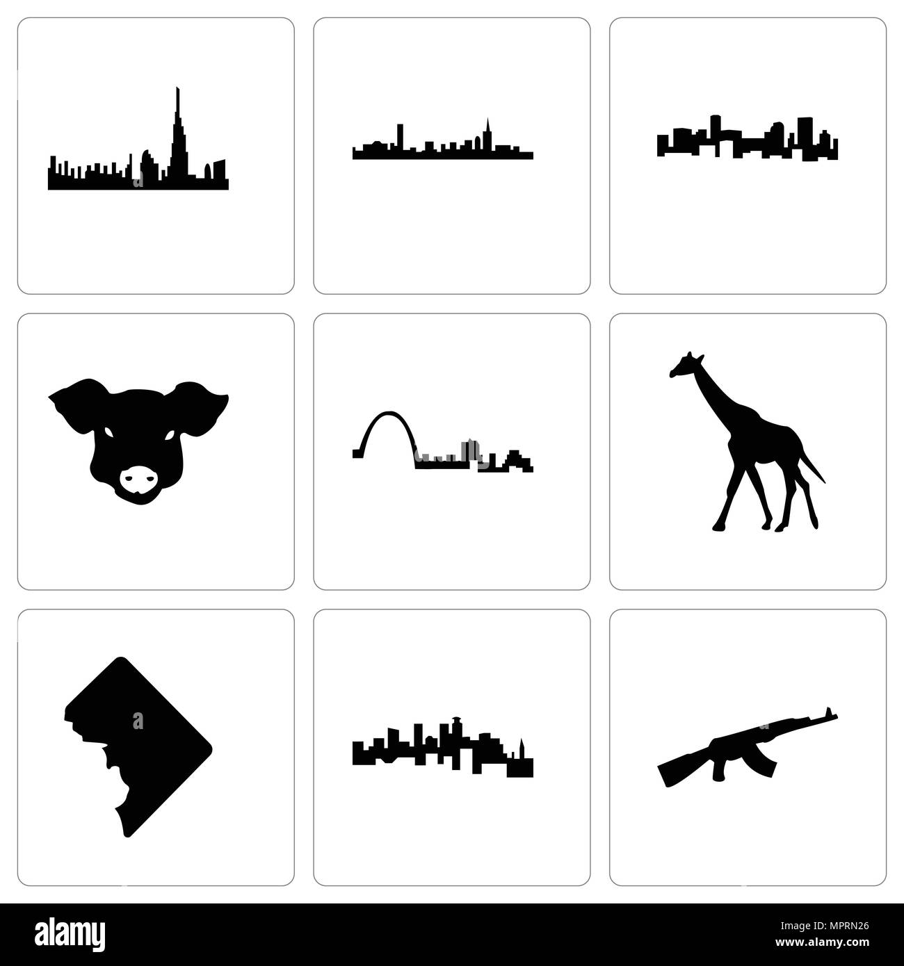 Set di 9 semplici icone modificabile come ak47, minnesota, dc, giraffe, st louis, faccia di maiale, Denver, Boston, dubai, può essere usato per il mobile, web Illustrazione Vettoriale