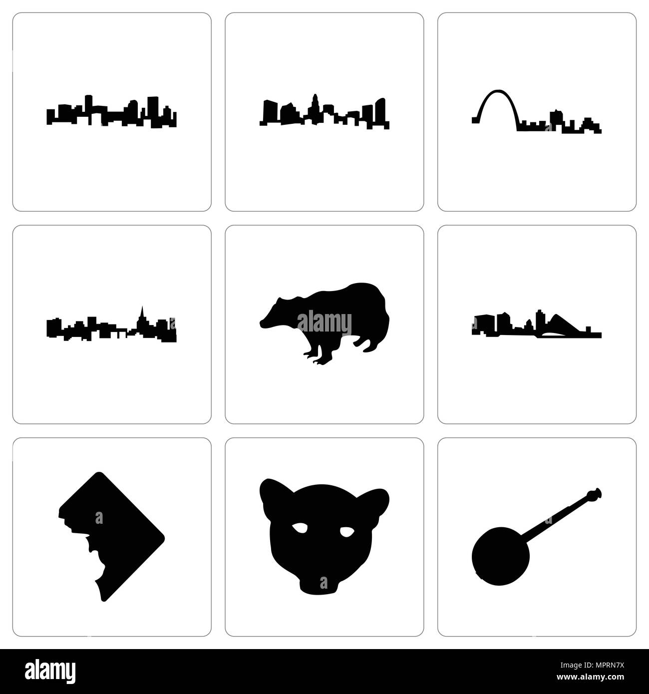 Set di 9 semplici icone modificabile come banjo, jaguar faccia, dc, Wisconsin, badger, san Paolo, louis, Charlotte, Denver, può essere usato per il mobile, web Illustrazione Vettoriale