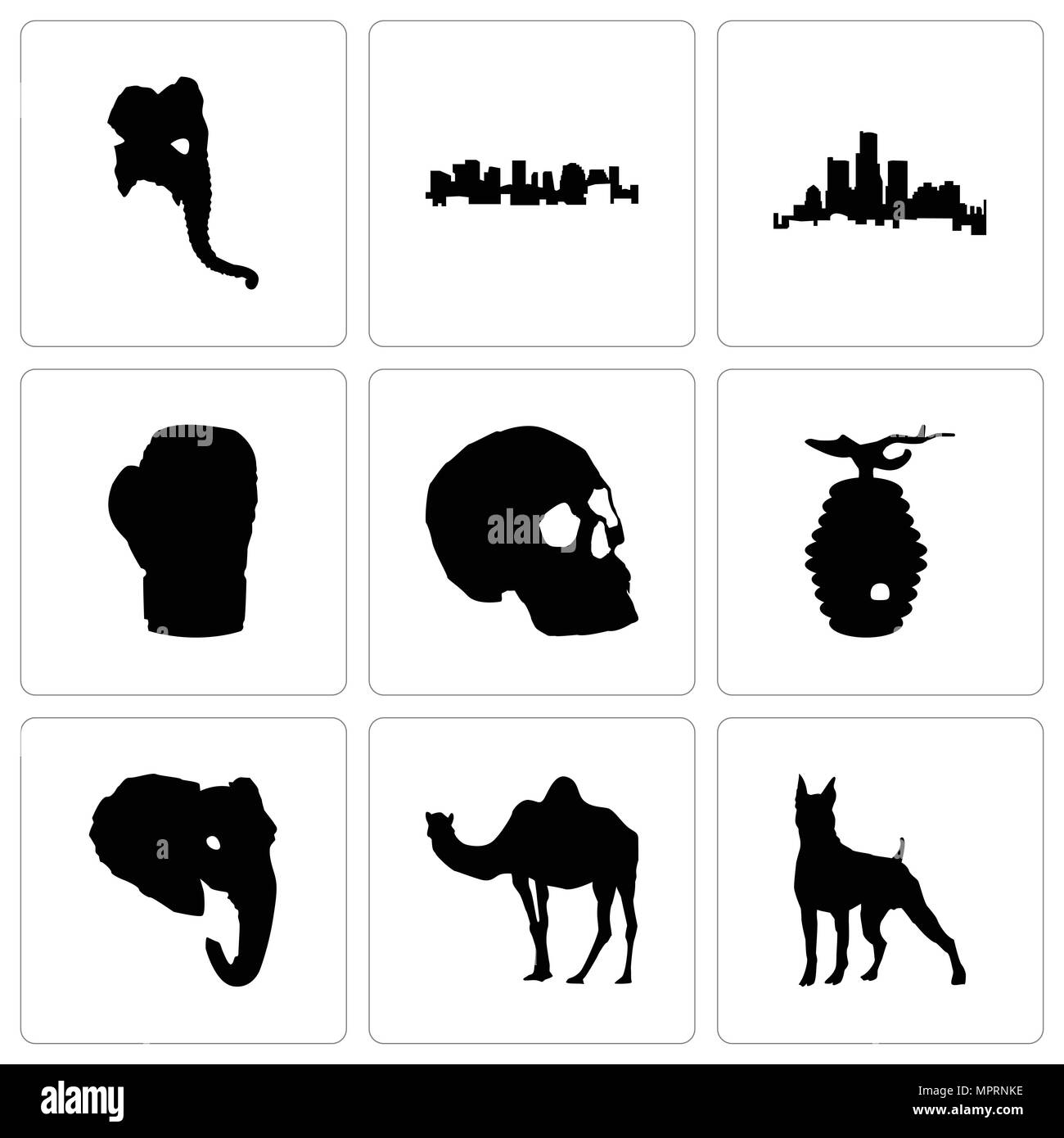 Set di 9 semplici icone modificabile come pugile, cammello, testa di elefante, beehive, cranio, guanto di boxe, michigan, Norvegia, può essere usato per il mobile, web Illustrazione Vettoriale