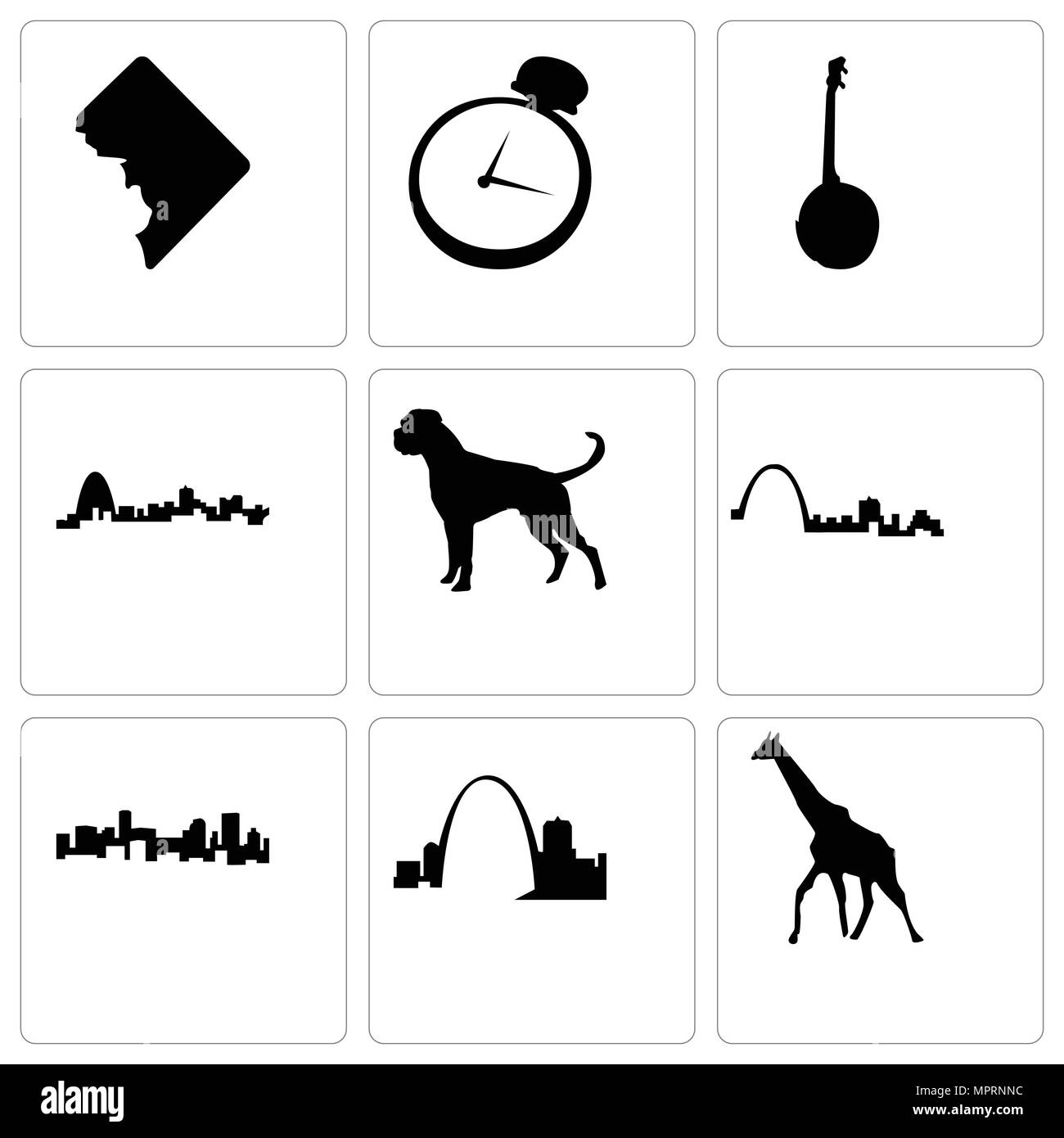 Set di 9 semplici icone modificabile come giraffe, Missouri, Denver, st louis, cane boxer, banjo, orologio da tasca, DC, può essere usato per il mobile, web Illustrazione Vettoriale