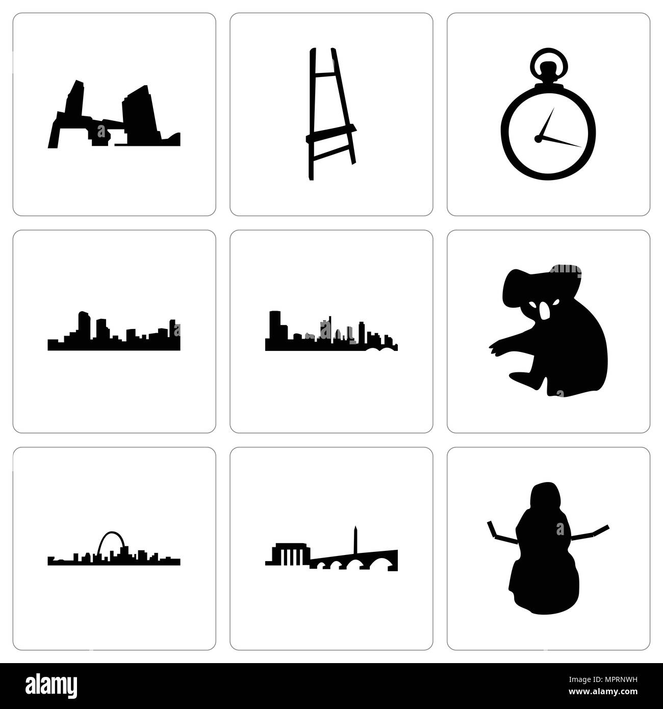 Set di 9 semplici icone modificabili come il pupazzo di neve, dc, st louis, koala, Austin, Denver, orologio da tasca, pittore cavalletto, long island, può essere usato per il mobile, Illustrazione Vettoriale