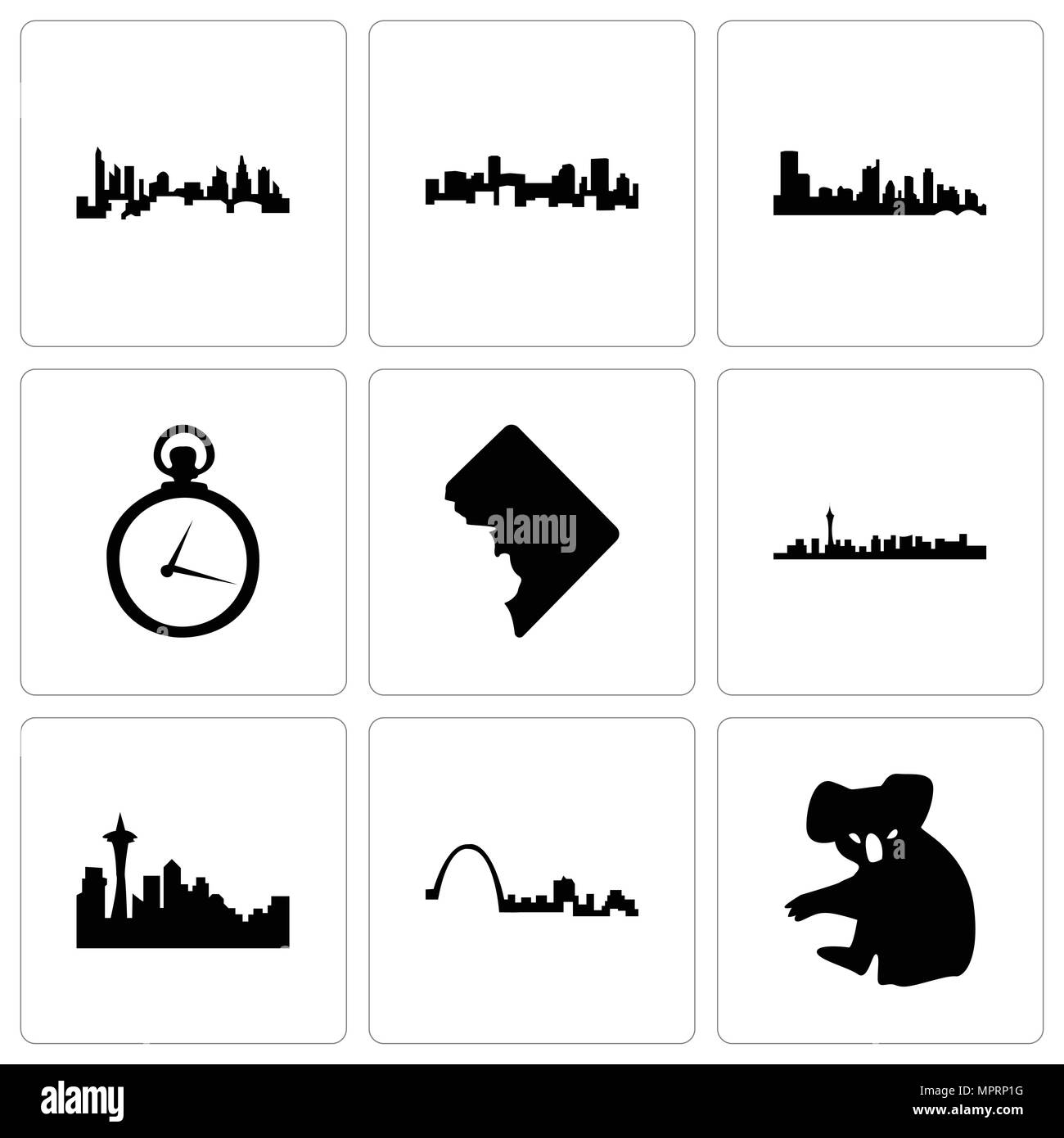 Set di 9 semplici icone modificabili quali koala, st louis, Seattle, las vegas, dc, orologio da tasca, Austin, Denver, Charlotte, può essere usato per il mobile, web Illustrazione Vettoriale